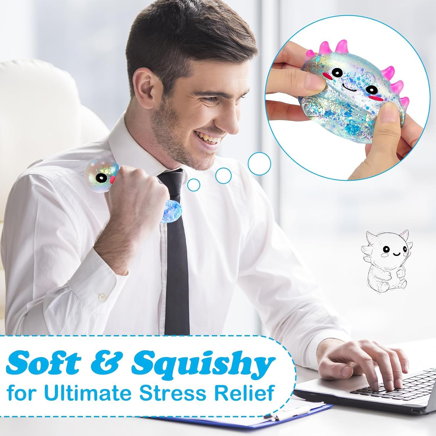Axolotl Squish-y Stress Relief Toy Glitter Fidget Toys Cute Malts Sugar Axolotl Toy Fidget Toys Adults Fidget-Toy for Kids Youth Adult Party Favors Anxiety Relief Squish-y-Toys #Blue - Image 5