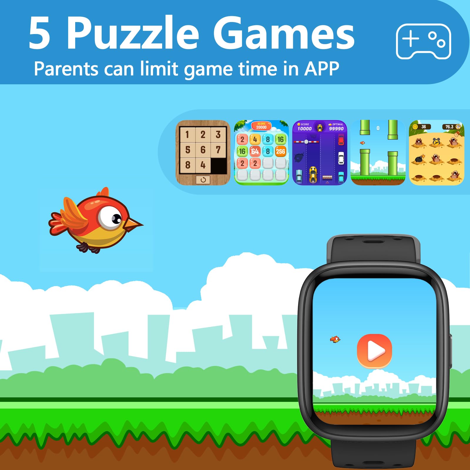 Smart Watch per bambini con Find My (solo iOS), orologio fitness tracker touch screen da 1,83", 80 contapassi, contacalorie con giochi di puzzle per ragazzi e ragazze 7-10 con/senza app, PL