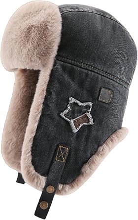 Ushanka Women Men Trapper Hat Winter Retro Aviator Cap Faux Fur Lined Denim Star Patch Thermal Ear Flap Cold Weather