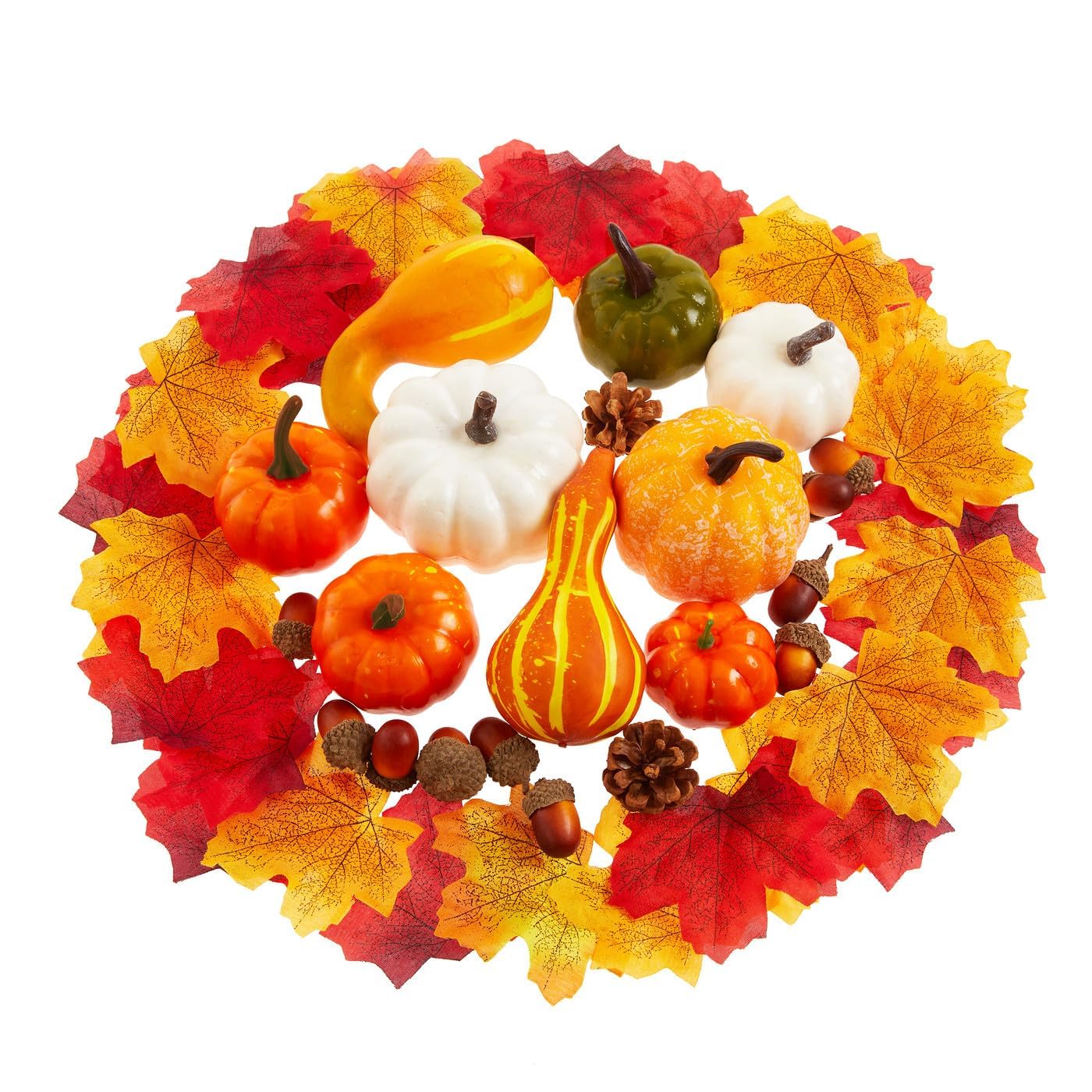 Sahoottie Artificial Pumpkins Fake Plastic Pumpkins Autumn Decorations Set Artificial Fall Maple Pine Cones Acorns Autumn Harvest Table Thanksgiving Halloween Pumpkin Decor 71Pcs