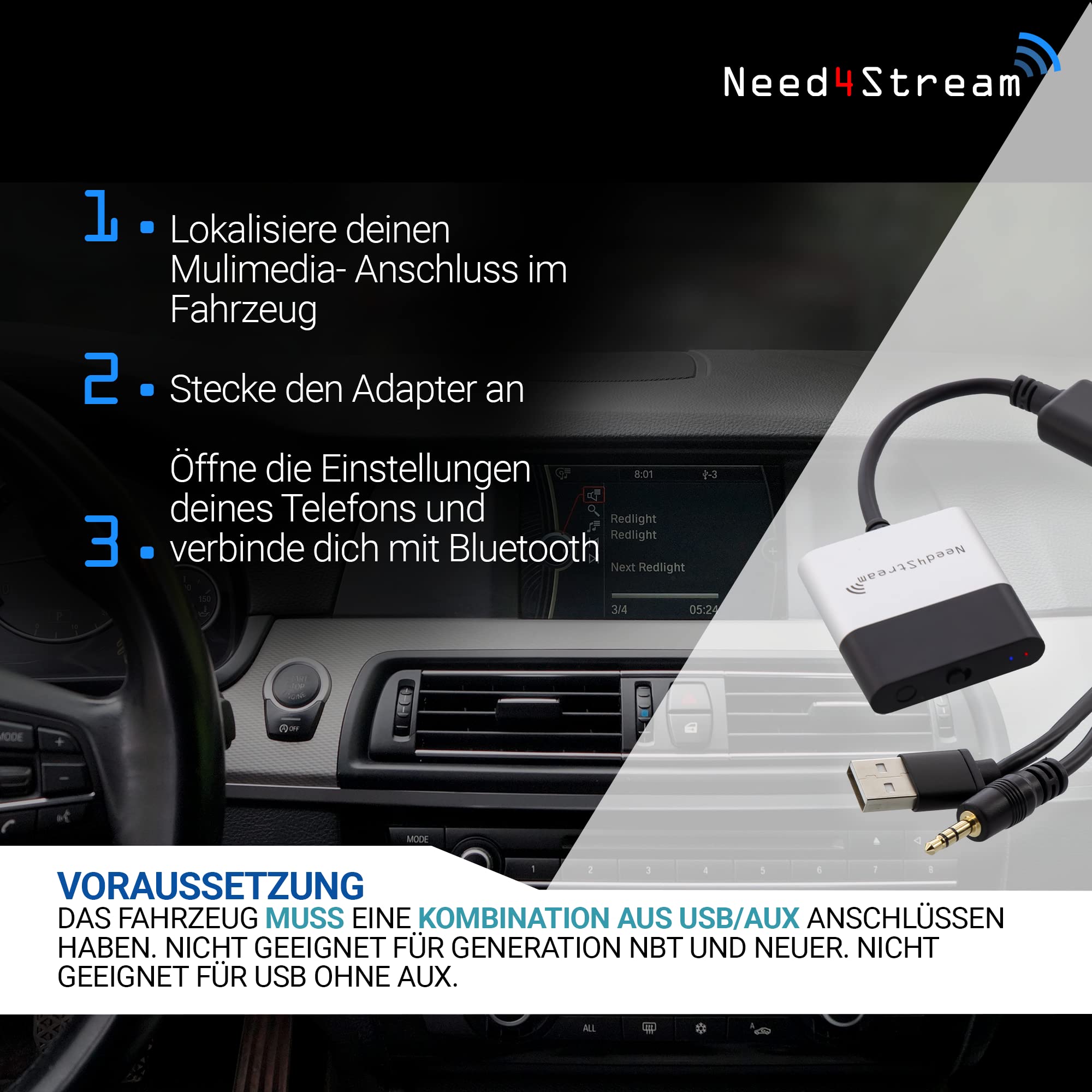 Need4Stream kompatibel mit BMW Radio M-Ask/Champ, Professional 1-DIN und CIC, Navigation iDrive CCC und CIC, N4S300B Bluetooth Audio Interface mit Titellisten, geeignet für iPhone und Android