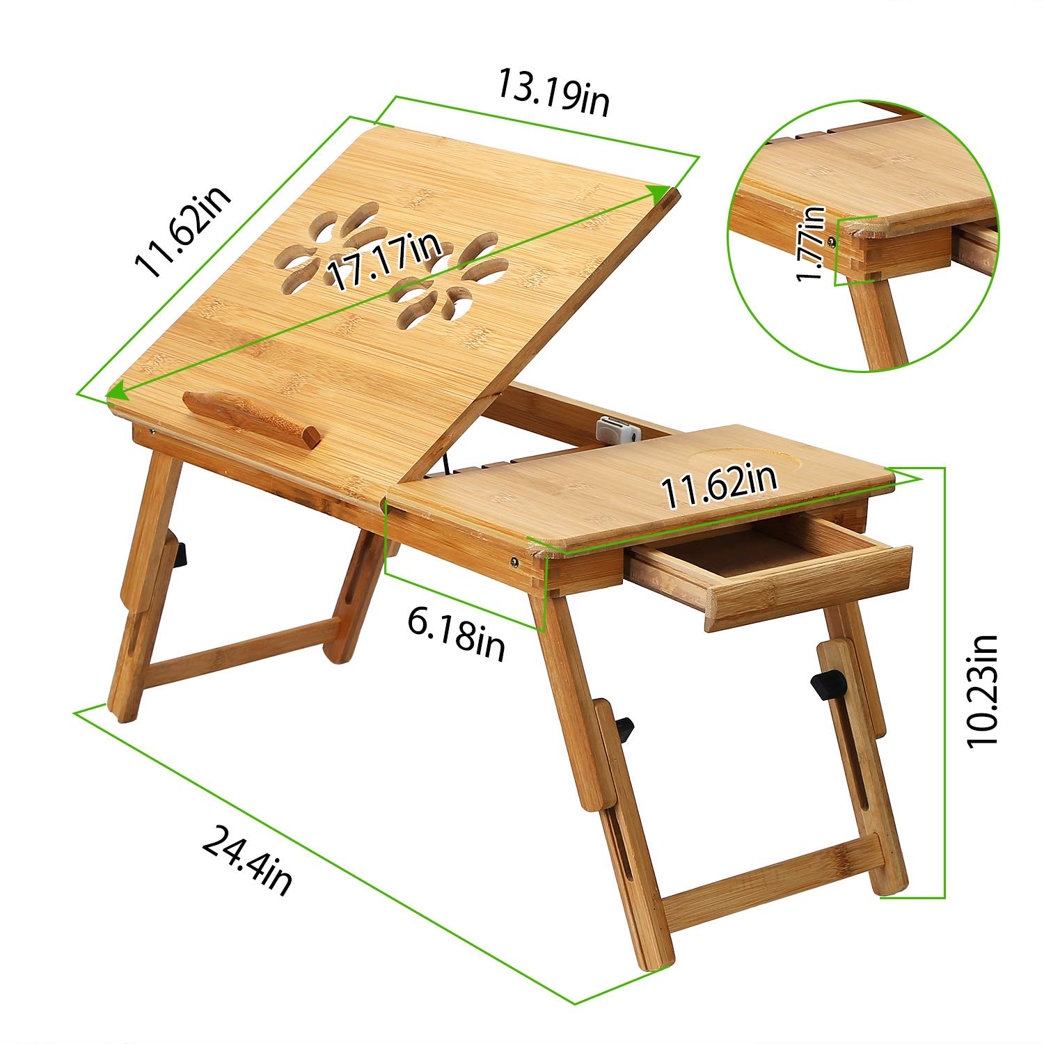 Bamboo Laptop Desk, Moclever Foldable Breakfast Tray with Drawer, Multi-Position Adjustable Tilt Surface laptop stand for bed, Work,Study,Reading, Eating Food