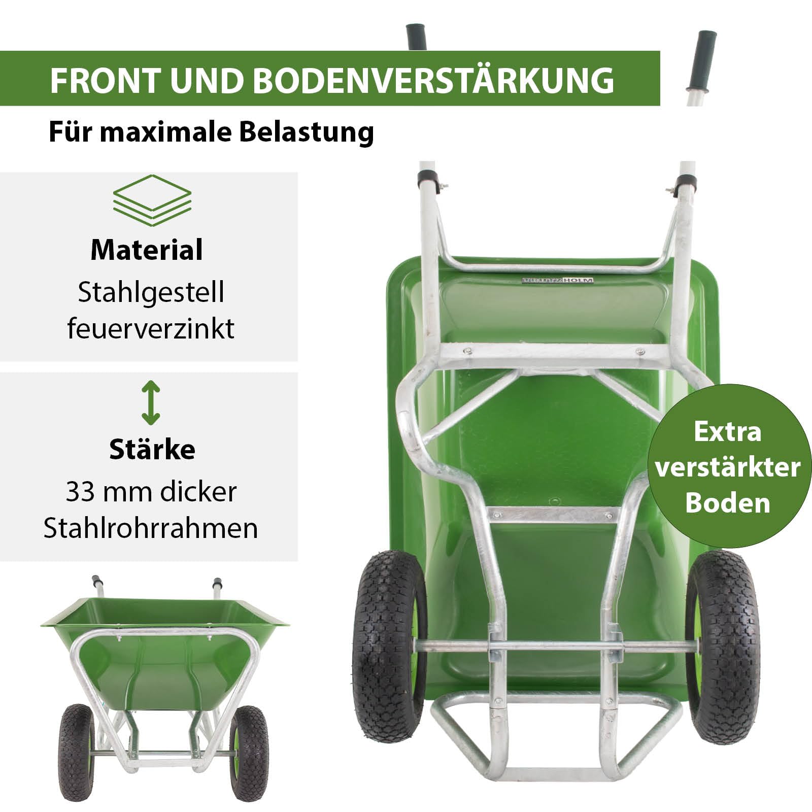 TRUTZHOLM 2-Rad Schubkarre 200 Liter 300 Kg Tragkraft Rahmen Stahl verzinkt robuste große Mulde 162x70 cm Gartenschubkarre Schiebkarre Hofkarre Futterkarre
