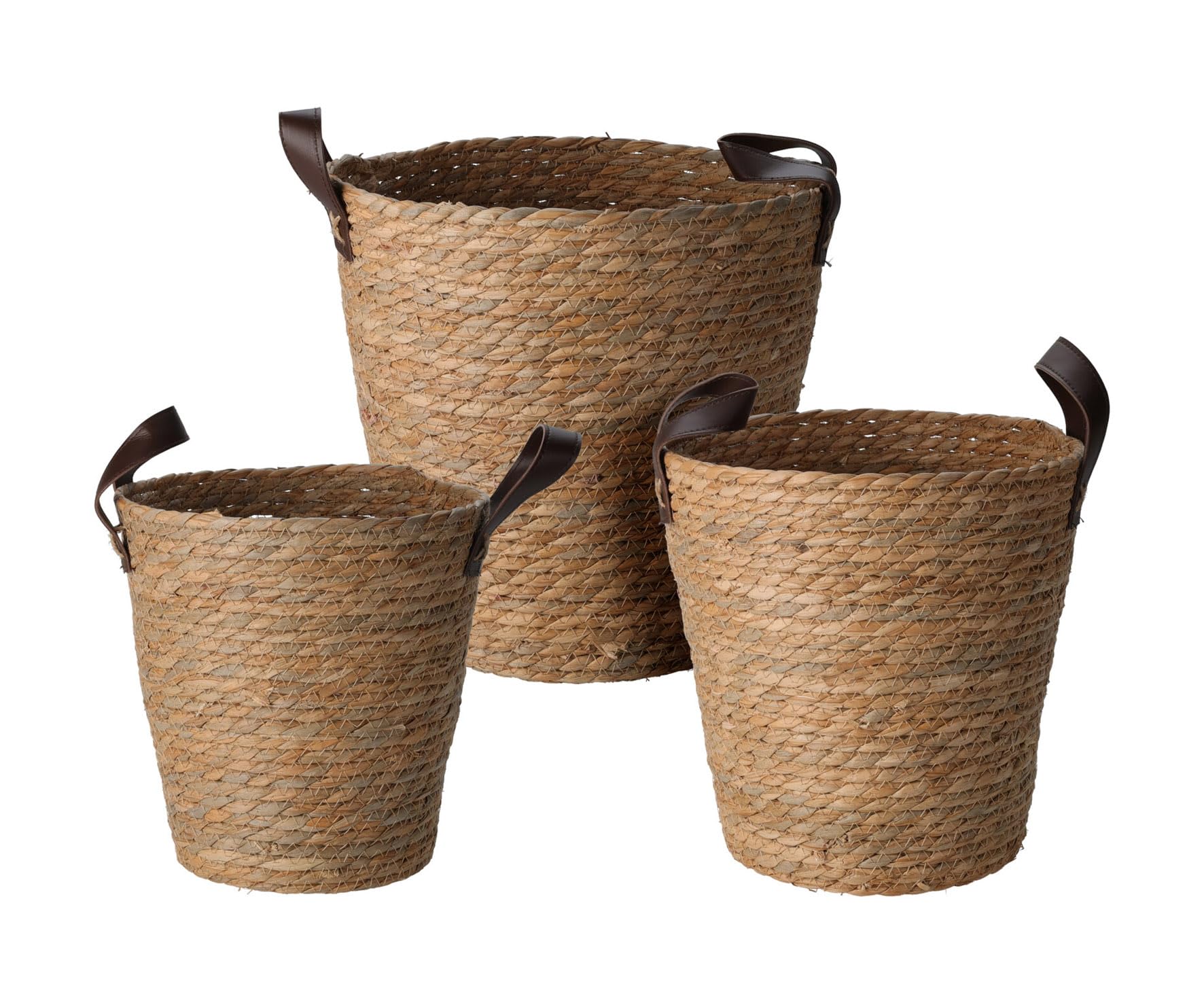 Spetebo Juego de 3 cestas de almacenamiento de algas marinas con asas, 30, 26, 24 cm, juego de cestas de fibras naturales robustas, cesta con asas de piel sintética, multiusos, estantería decorativa