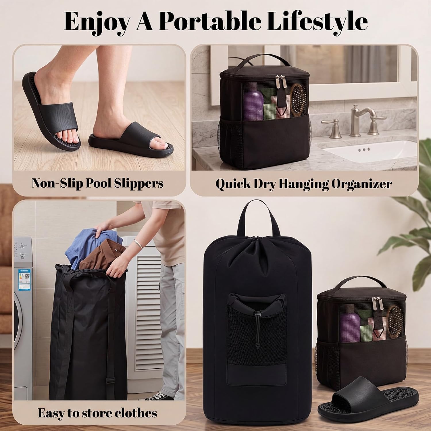 3 Pcs College Dorm Essentials Include Large Laundry Backpack Bag for College Portable Original Shower Mesh Caddy Bag Quick-dry Non-slip Bathroom Slippers for Travel, Laundromat, Apartment
