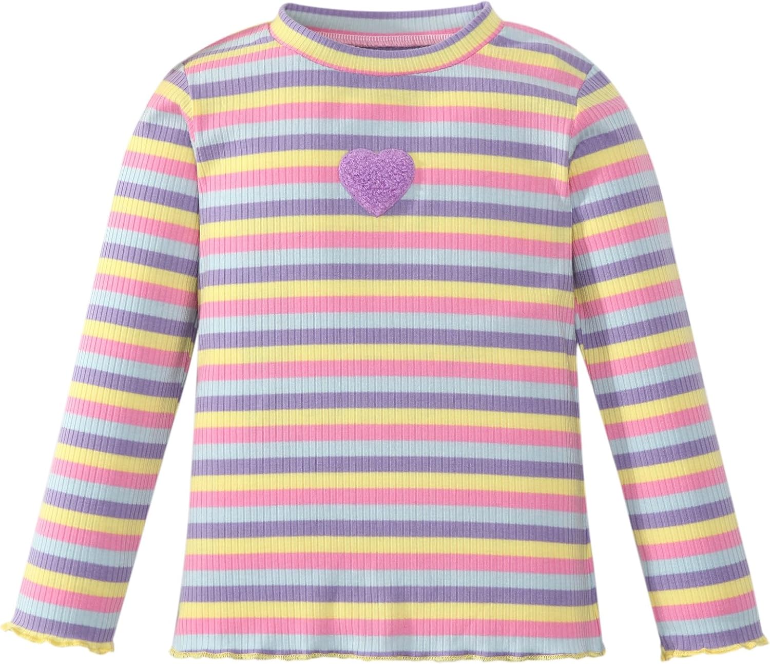 OPAWO Girls Long Sleeve Shirts Ribbed Knit Lettuce Trim Tee Shirt Tops, Little Girl Striped Blouse Undershirts Size 3-9 Years