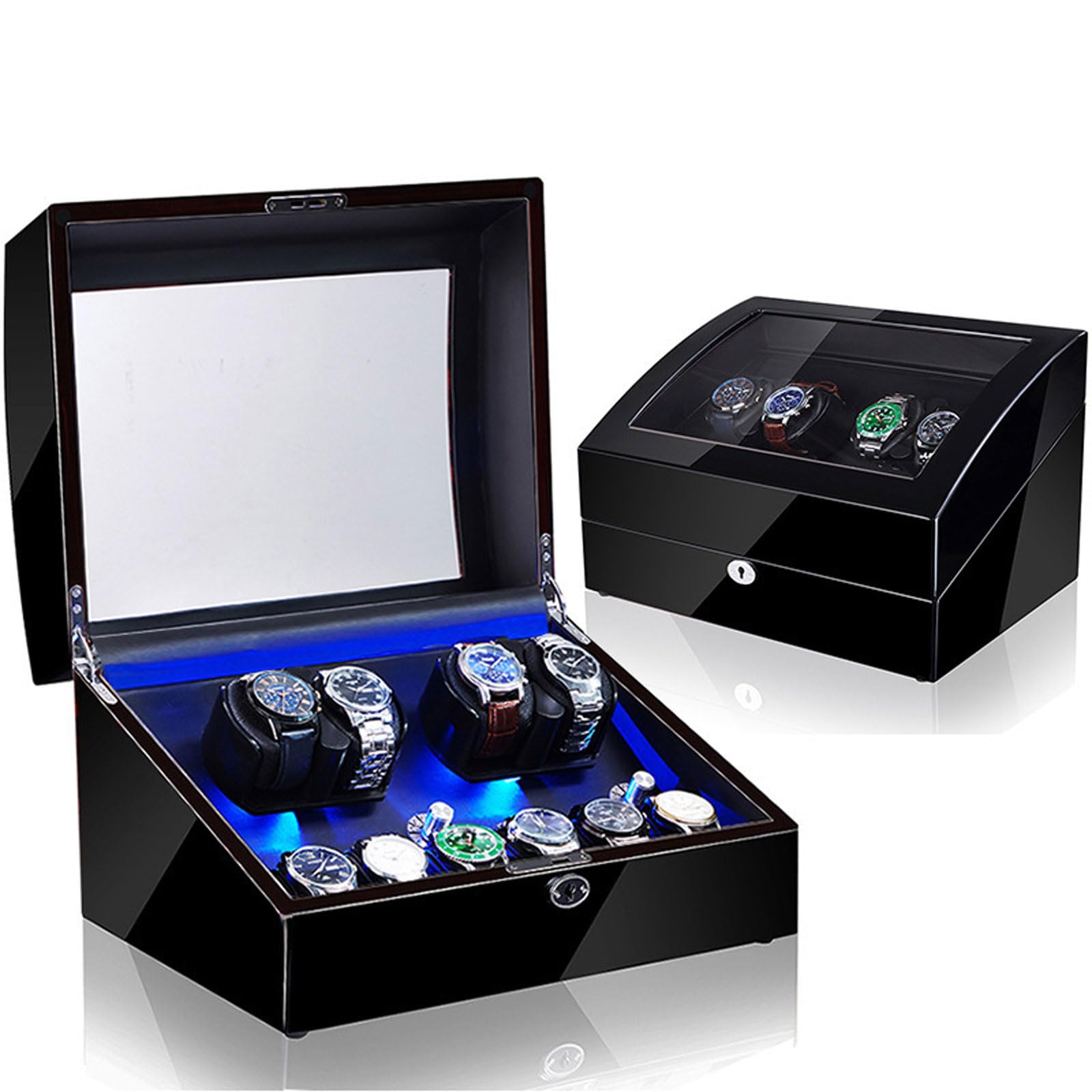 CGCSYZ Watch Winder For Automatic Watches 4 Watch Rotator And 6 Extra Storages,5 Rotating Modes Lockable Automatic Winders LED Backlight,Super Quiet Motor (4+6 Paint Black + Inner Black X)