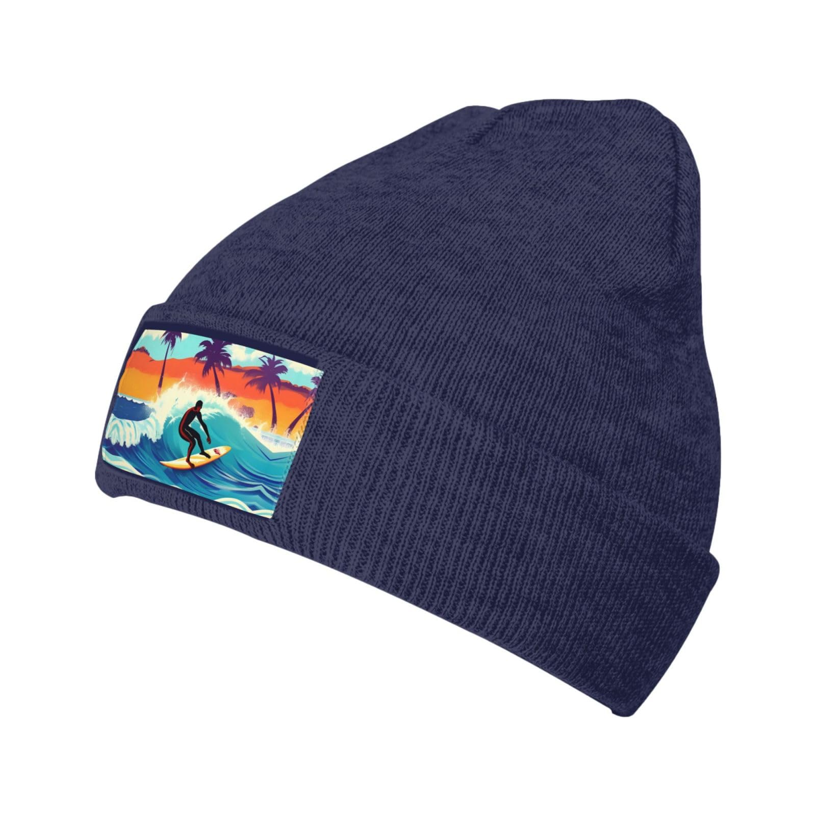 EdWal Hawaiian Surfer On Wavy Print Unisex Beanie for Men Women Knit Hat Winter Beanies,Knit Warm Winter Hats,Soft Ski Hat Navy Blue
