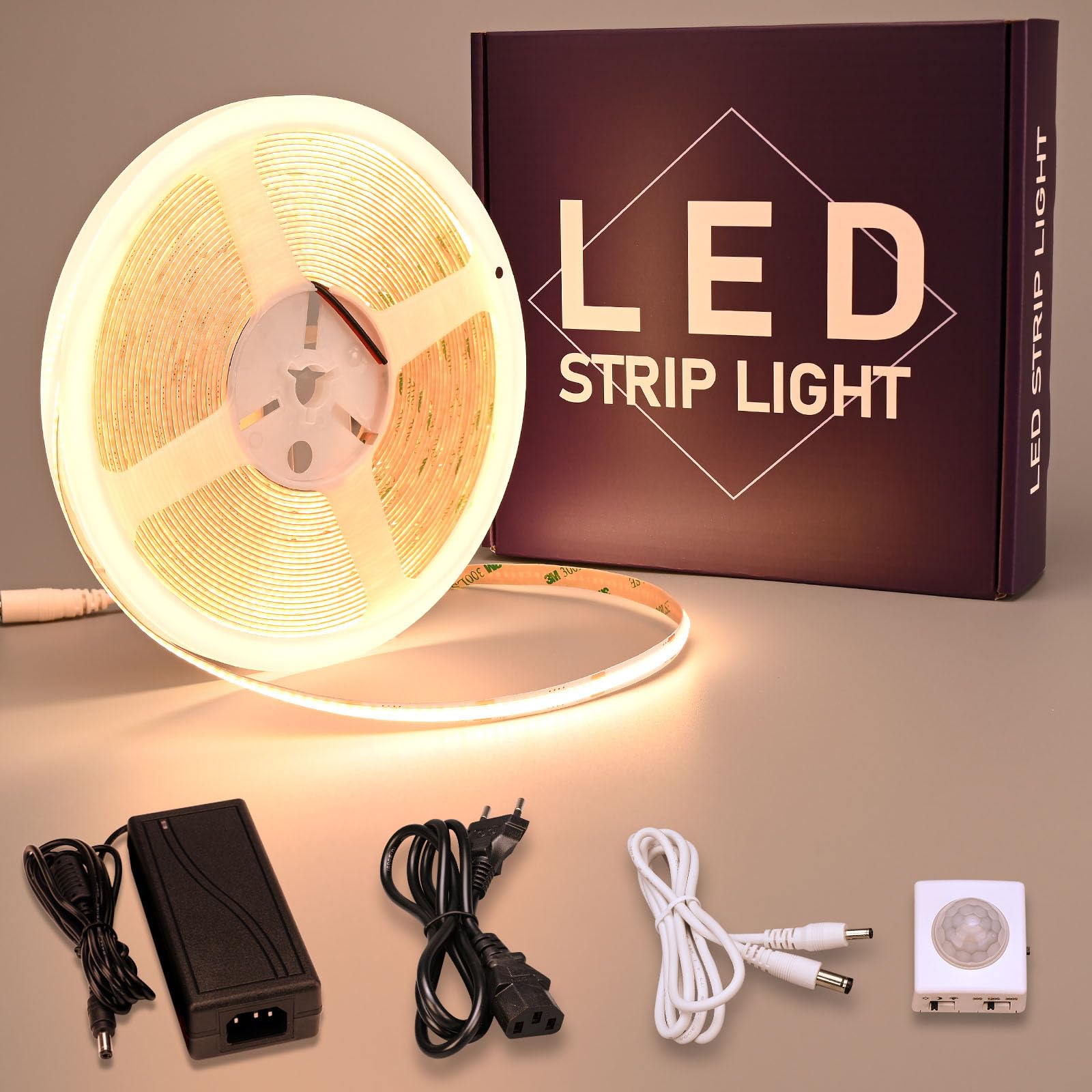 GOMING 24V 10M COB LED Streifen Warmweiß 3000K mit Bewegungsmelder Netzteil | LED Strip IP20 Nicht Wasserdicht LED Band Selbstklebend für Treppen Kinderzimmer Schränke Bettlampenbeleuchtung