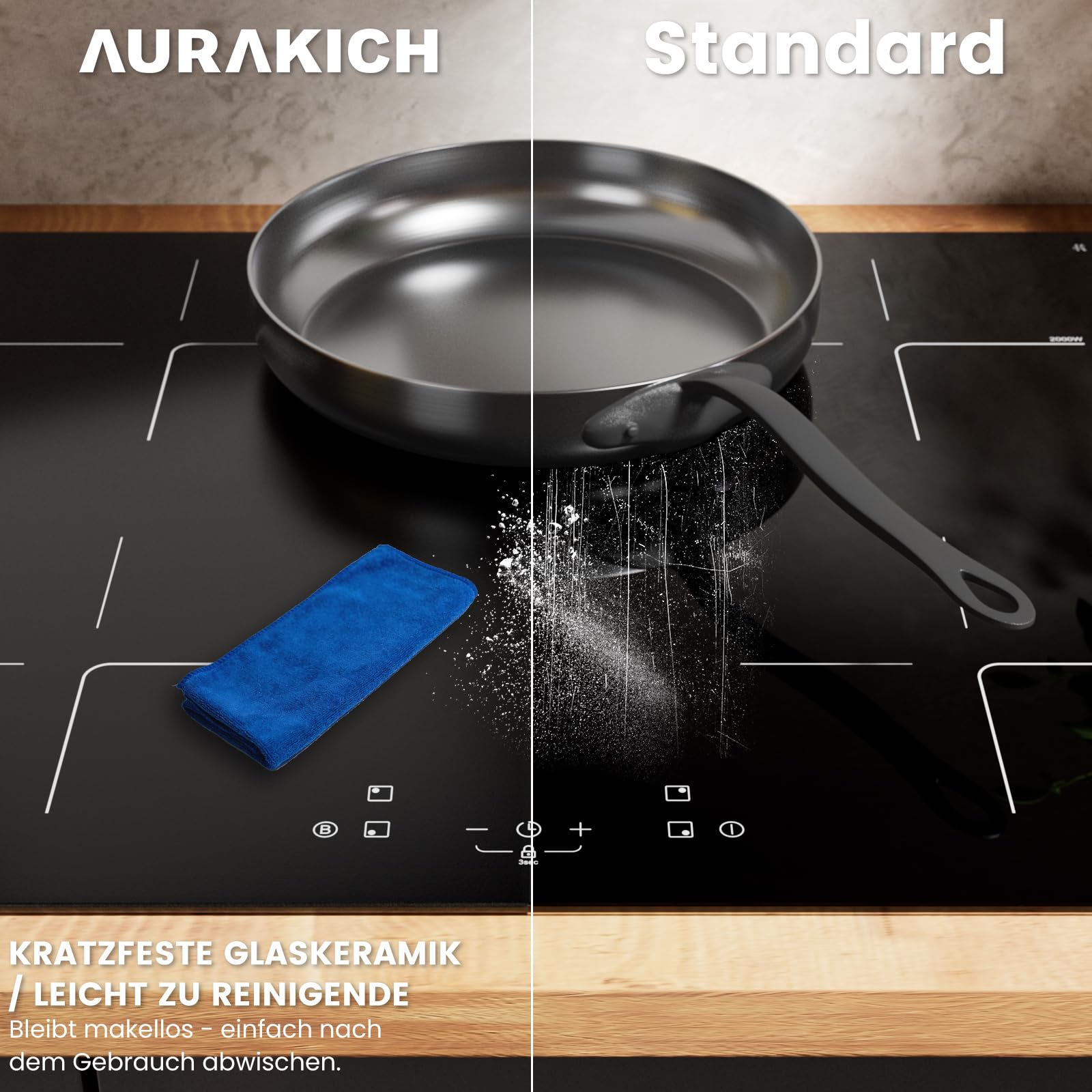 Induktionskochfeld 60cm autark - 4 Zonen Einbau Induktionskochplatte mit Kratzfeste Glaskeramik & Ceranfeldschaber, 2 x Booster, 7000W, Touch-Control, 2 Jahre Garantie
