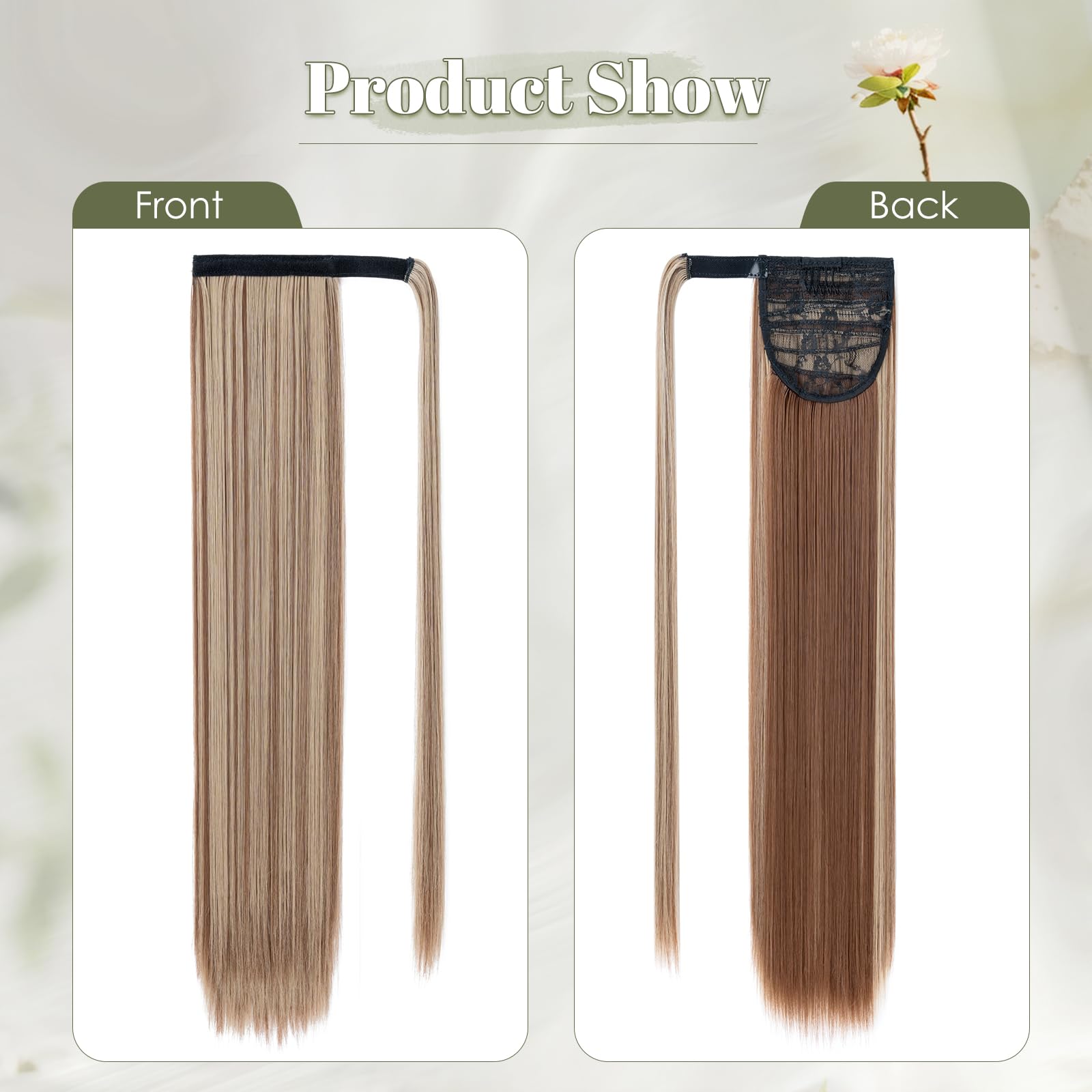 Benehair 28 Inches Straight Ponytail Extension Long Wrap Around Drawstring Ponytail Synthetic Hair Extension Ponytail Brown Mix Ash Blonde Hair Pieces for Women(Brown Mix Ash Blonde - Image 3