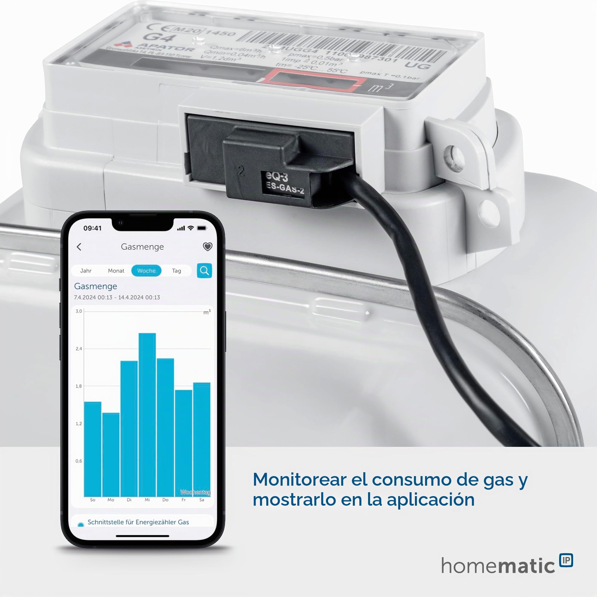 Homematic IP Interfaz Smart Home para medidor de Gas, medición Ernegie y Ahorro de costes, monitorear el Consumo de Gas con aplicación, automatizar el hogar Inteligente, 160253A0