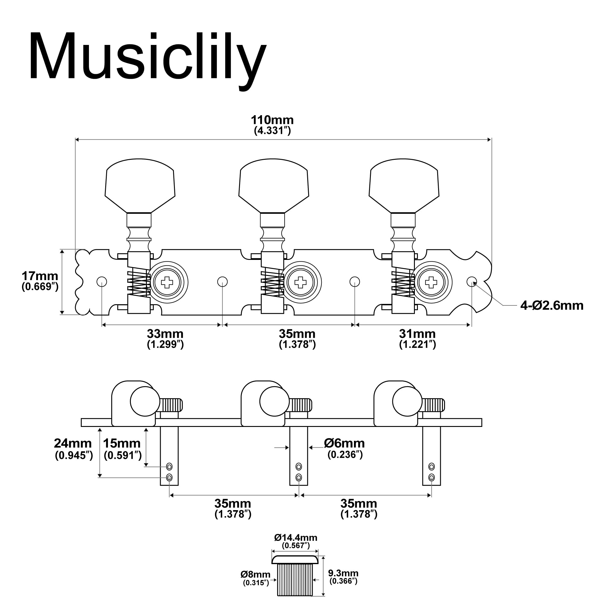 Musiclily 3+3 Typ Krótki Klucze do Gitary Akustycznej, Nikiel Metalowe Główki