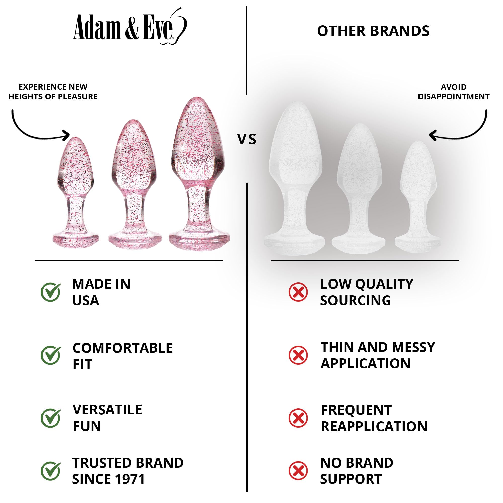 Adam & Eve Glitter Gem Butt Plug Set, 3 Piece Acrylic Anal Trainer Kit, Small Medium Large Plugs for Beginners & Advanced, Lightweight with Sparkling Gem Base, Body Safe, Waterproof, Easy Clean, Pink