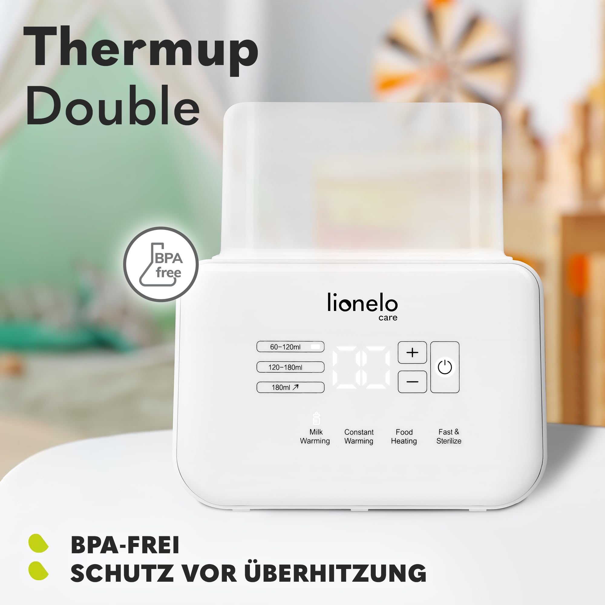 LIONELO THERMUP Doppel-Flaschenwärmer, 2 Flaschen gleichzeitig, erhitzen Erhitzen der Milch in 3-5 Minuten, 6 Arbeitsmodi, Funktion Sterilisator und Defrost, Ruhige Arbeit, Sicher zu benutzen
