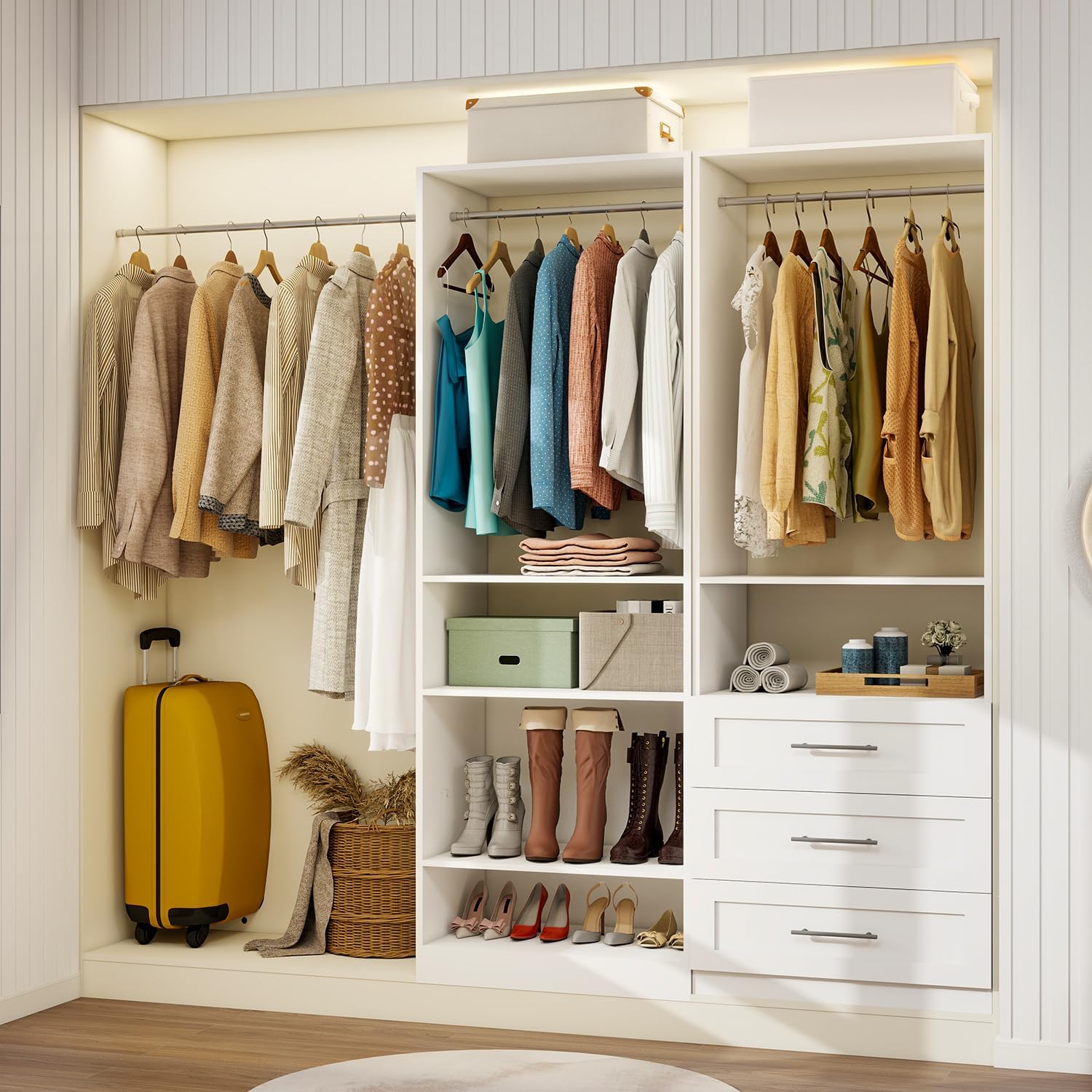 Closet System with Drawers of 2 Sets, 4FT-10FT Walk in Closet Organizers and Storage with Hanging Rods & Adjustable Shelves, Free-Standing Modular Closet Systems, White