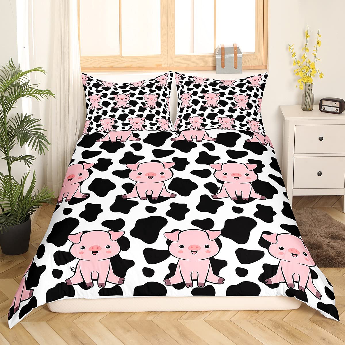 Funda de edredón de cerdo rosa para niños, ropa de cama y lino de color negro, blanco y negro, juego de cama de vaca para niños y niñas, dibujos animados granja animales ropa de cama y lino ultra sua