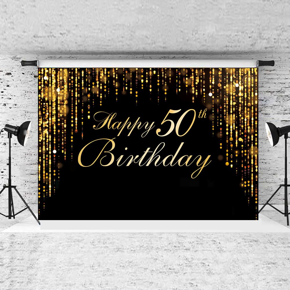IIILUYOT Happy 50th Birthday Photo Background, Black Gold Background Screen Suitable for Birthday Party Decoration Black Gold Flashing Photography