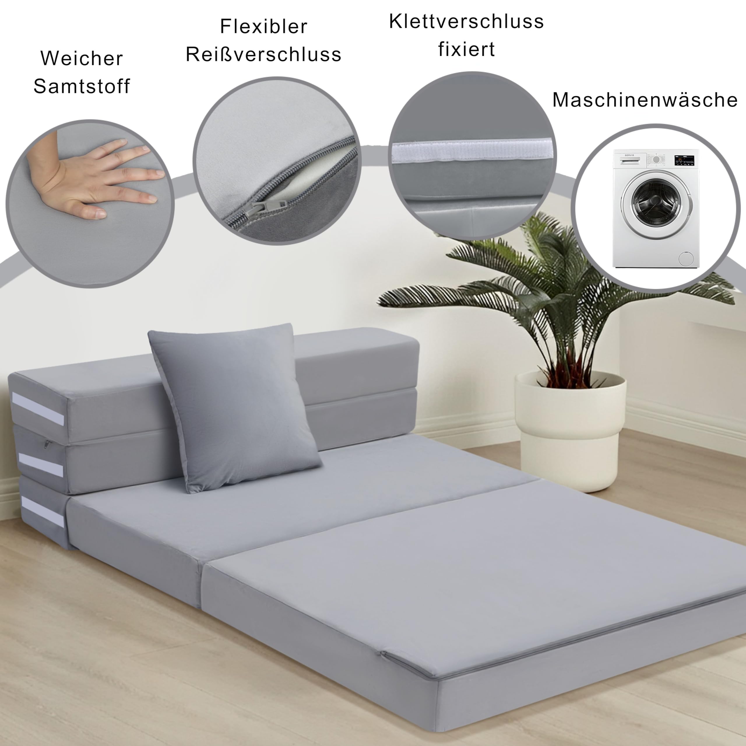 MeMoreCool Faltbare Klappmatratze, Hochdichter Schaumstoff Schlafsofa, Boden-Futon-Matratze, 4-teilige Gästematratze Gästebett Klappbar, Klappmatratze Sessel, Faltmatratze 120x195cm, Hellgrau