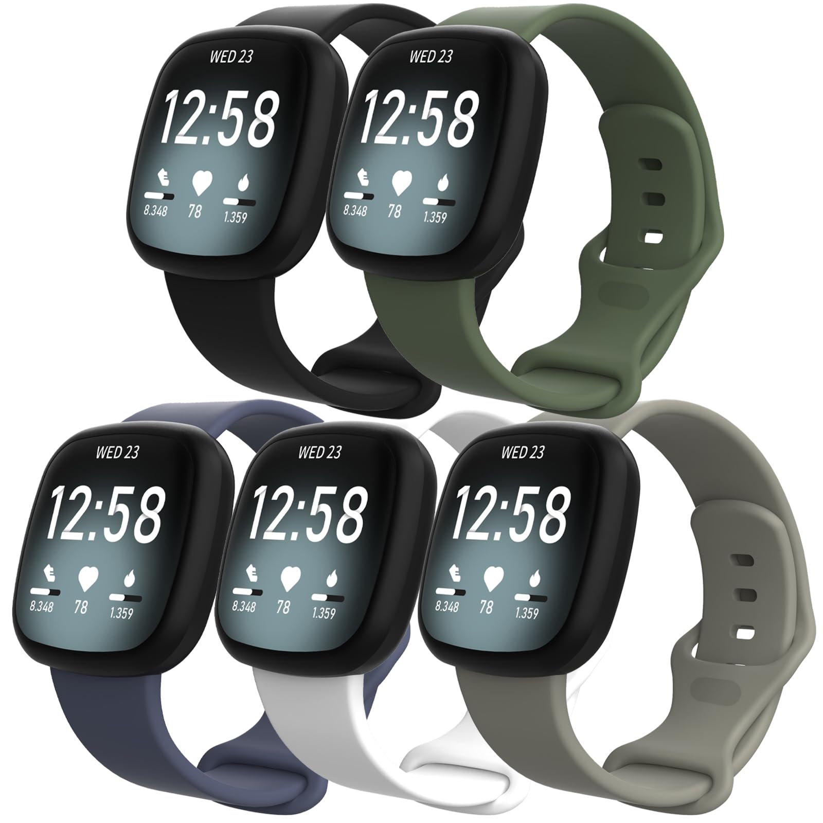ZXgomg 5 pack Compatible for Fitbit Versa 4/Fitbit Versa 3/Fitbit Sense 2/Fitbit Sense, Silicone Sport Classic Soft Replacement Straps Compatible with Versa 3/Versa 4/Sense/Sense 2 for Women Men