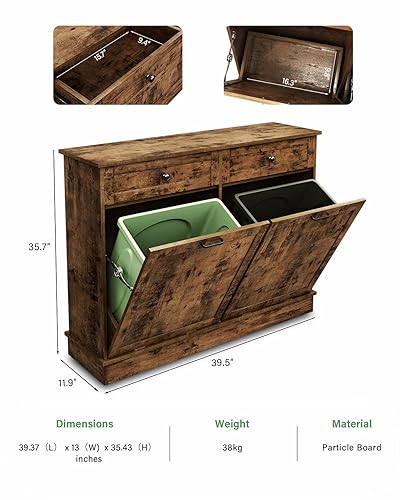 Miniatura 2 de TC-HOMENY Gabinete de basura de doble inclinación con cajón, armario de basura de 20 galones manual y apagado automático en modo automático, armario