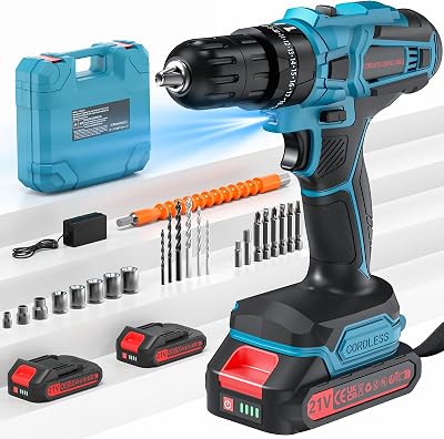 Taladro Percutor a Bateria 21V,Taladro Atornillador Bateria con 2×2.0Ah Baterías, 45Nm Atornillador Electrico,25+3 Ajuste de Par, 2 Velocidad, LED Luz, para en casa y jardín,bricolaje