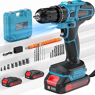 Berbequim Percutor a Bateria 21V, Berbequim Aparafusador a Bateria com 2x2.0Ah Baterias, 45Nm Aparafusador Elétrico, 25+3 Ajuste de Binário, 2 Velocidades, Luz LED, para casa e jardim, bricolage