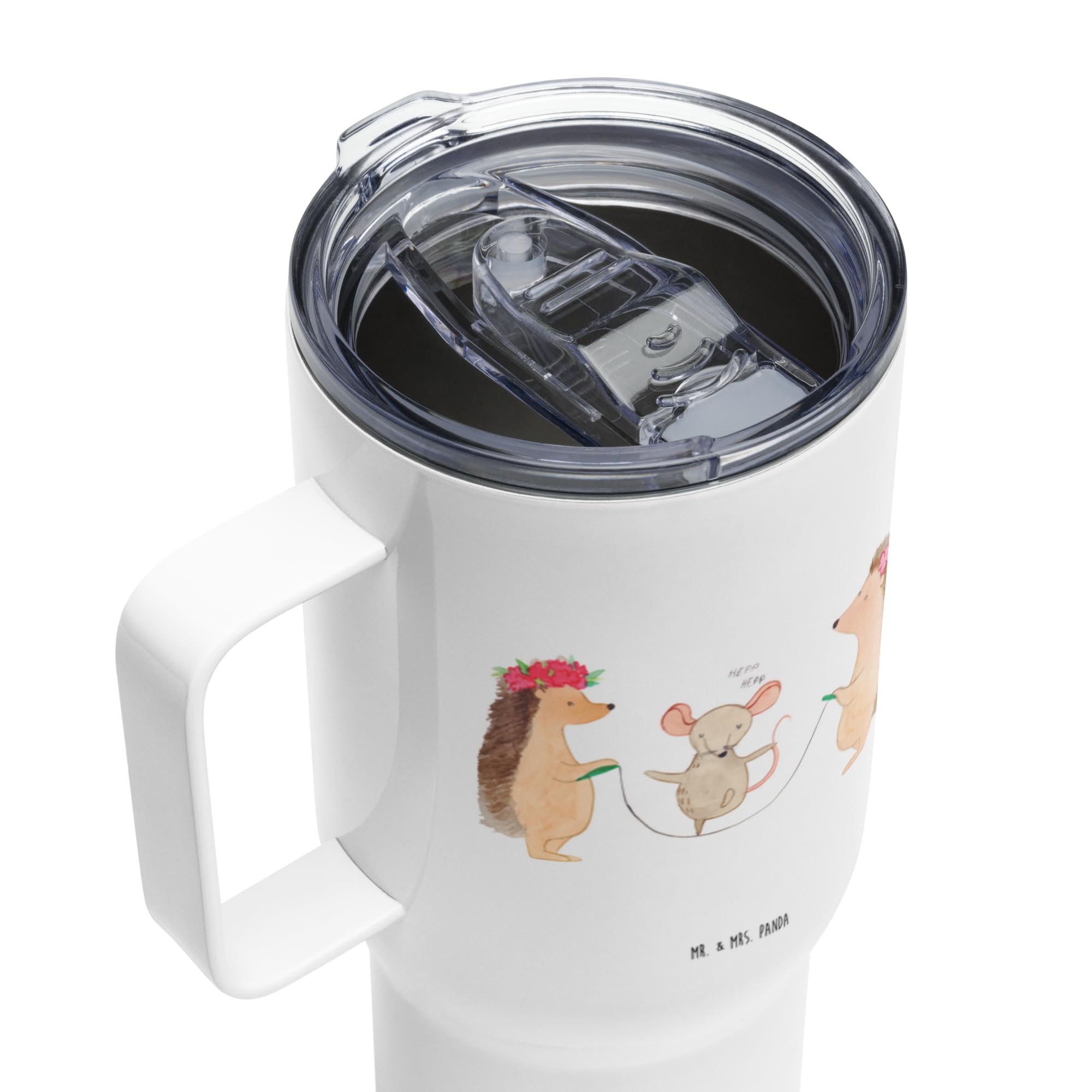 Mr. & Mrs. Panda Kaffee-to-go-Becher Igel Seilhüpfen - Geschenk, Lustige Sprüche, thermosbecher, Kindergarten, Thermos-Becher, Trinkgefäß, Maus, Teetasse, Kinder, Seilspringen, Thermobecher