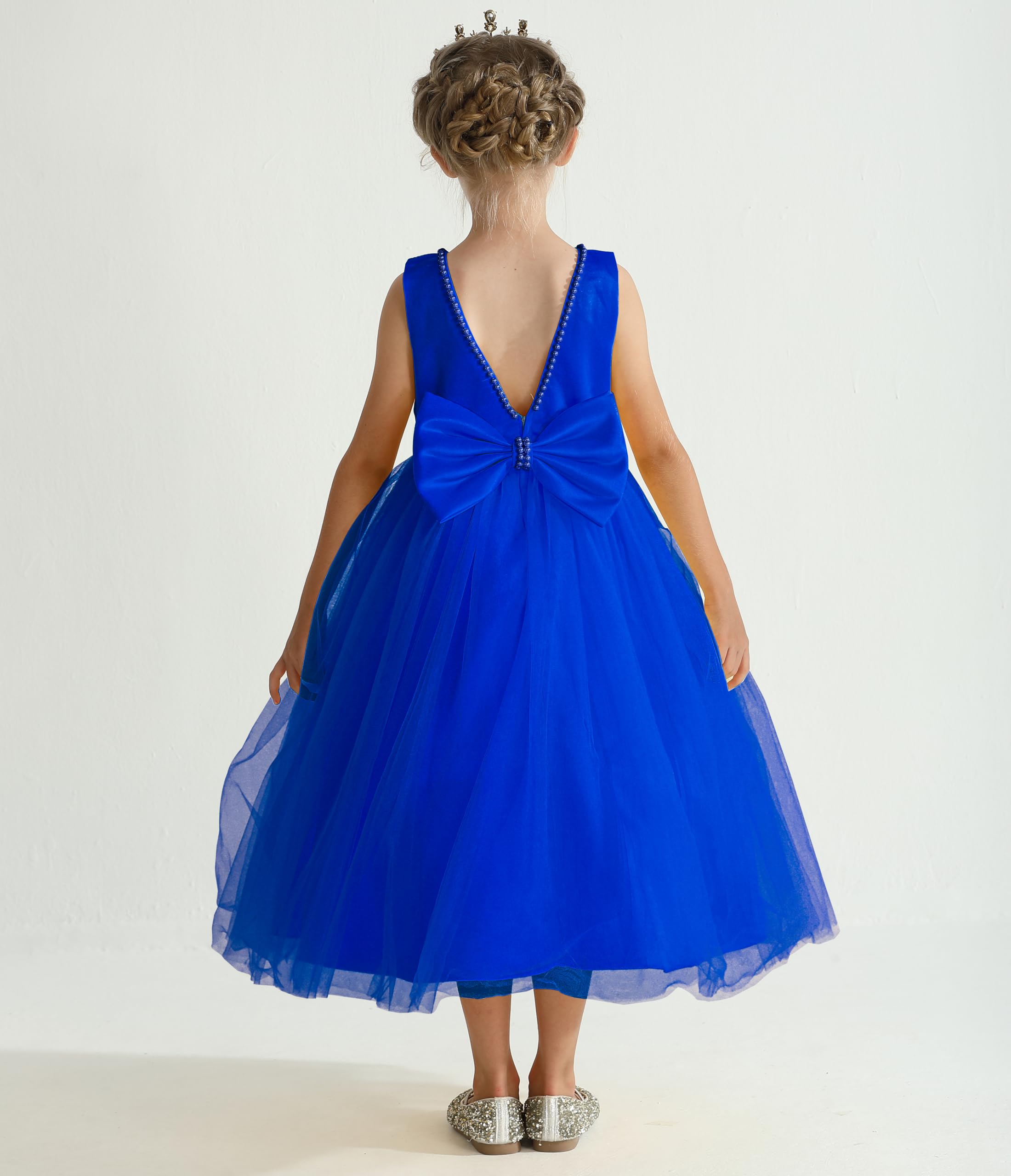 Uhnice Abito da sposa con perle e scollo a V, in tulle, con fiocco e fiocco, per matrimonio, festa di compleanno
