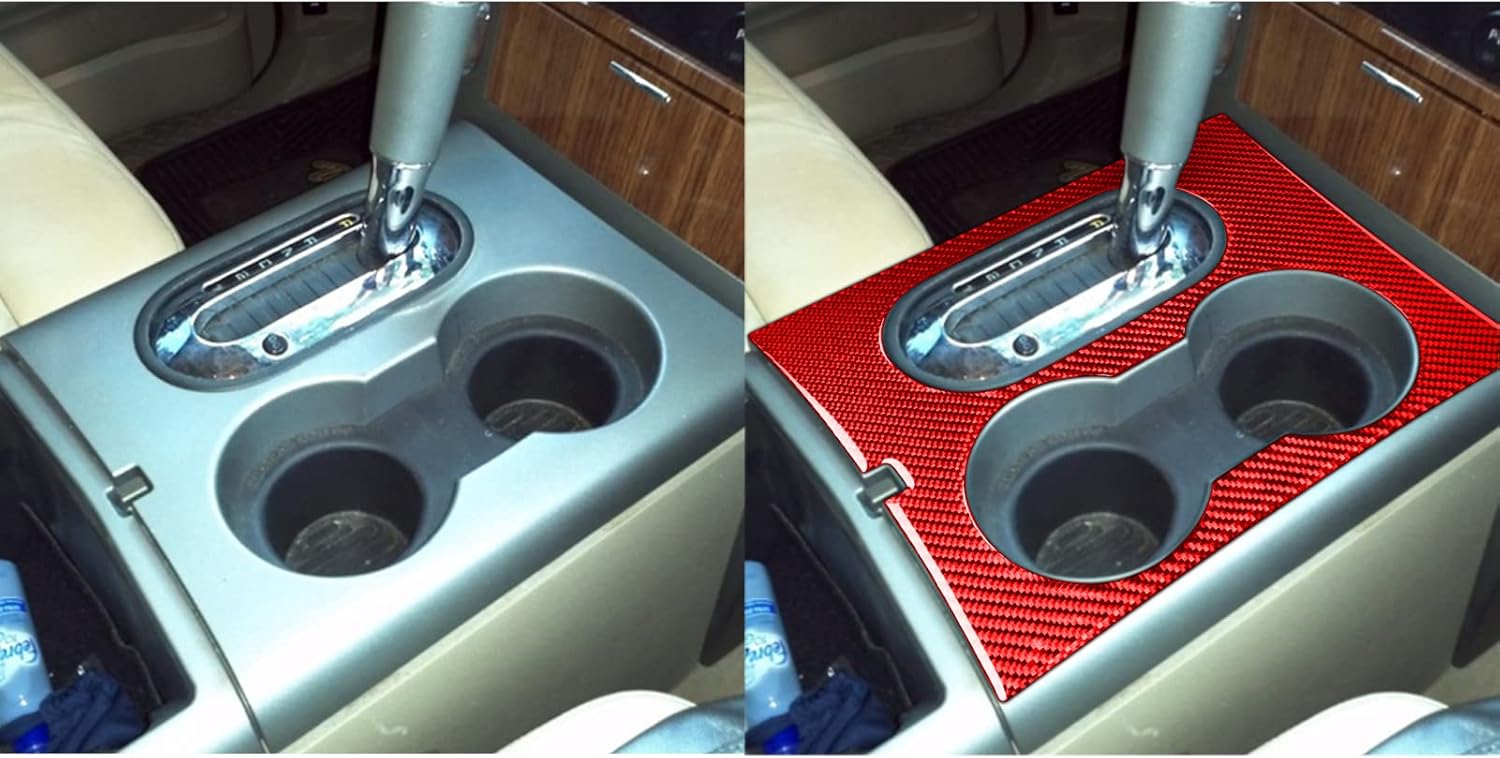 Car Central Control Gear Shift Knob Cup Holder Panel Cover Trim Real Carbon Fiber Stickers for Ford F150 2004 2005 2006 2007 2008 (red)
