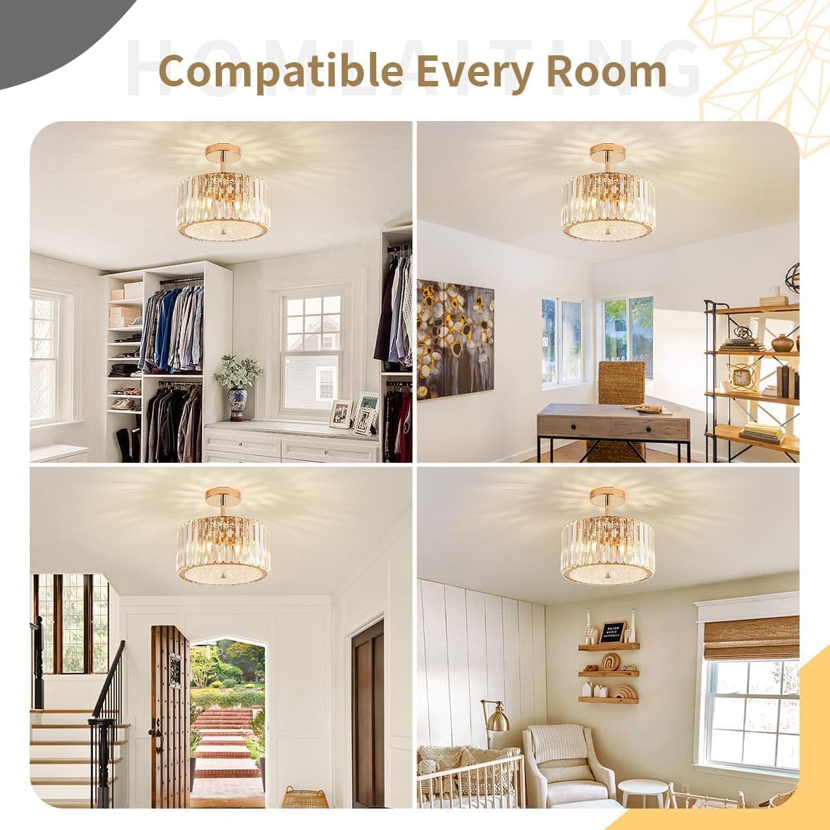 Modern Crystal Chandelier, 12" Small Semi Flush Mount Ceiling Light Fixture 3-Light, Gold Chandelier with Crystals & Wavy Acrylic Base Hallway Lighting Fixtures for Bedroom Entryway Closet