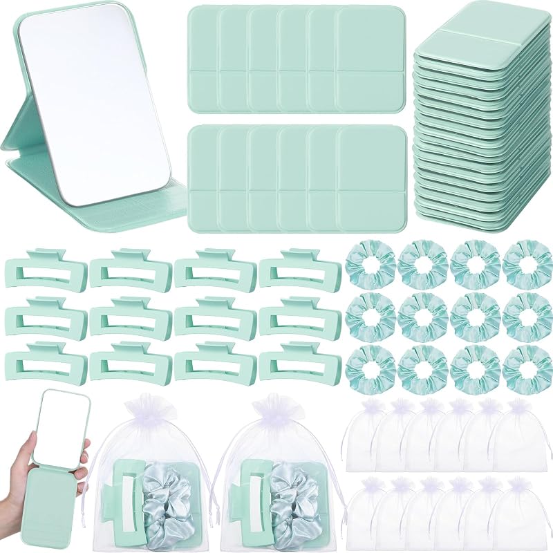 Unittype Conjunto com 48 acessórios verde-claro: espelhos compactos, presilhas, scrunchies e saquinhos de organza