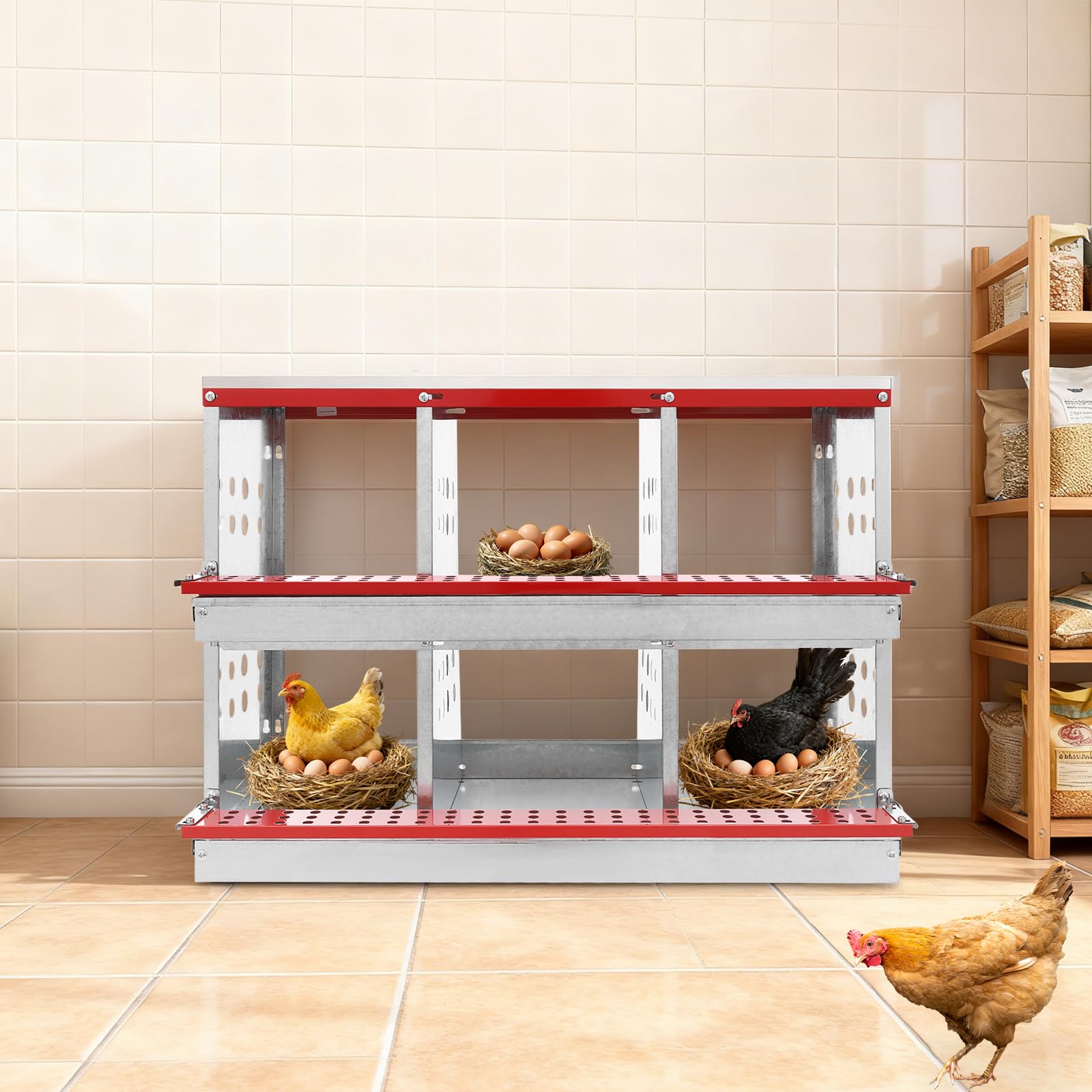 Nido para pollos, 6 compartimentos, nido galvanizado con nido de huevo y bandeja automática de huevos, aireado e inoxidable, nido de 2 niveles para gallinero, accesorios para gallinas ponedoras