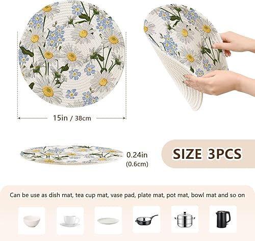 Miniatura 2 de 3pcs Forget-me-not Flower Trivet Round Hot Pads, Cotton Thread Weave Trivets for Hot Pots and PansPlacemats Set for Dining Table
