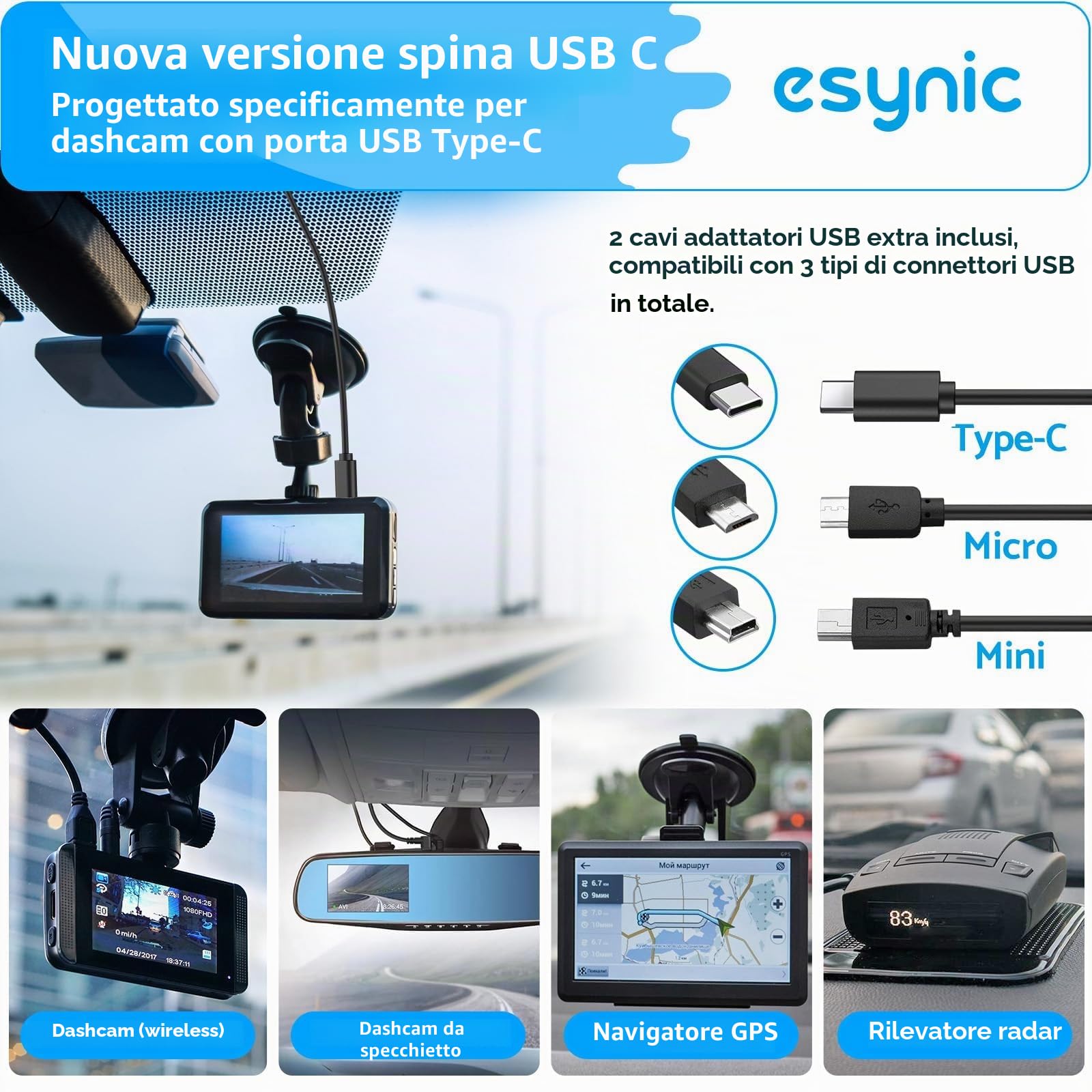ESynic Kit Hardwire Per Dash Cam – Trasformatore 12V-24V A 5V USB Type-C, Con 4 Tipi Di Fusibili E Protezione Da Bassa Tensione