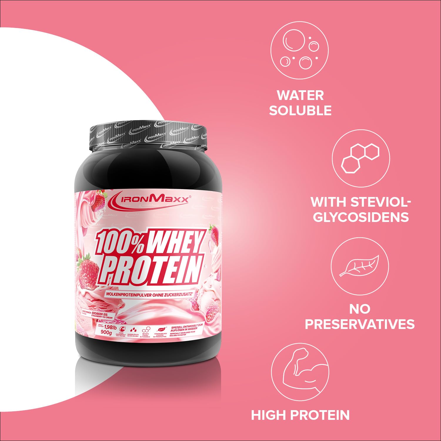 IronMaxx 100% Whey Protein Glace à la fraise – Poudre de protéines de lactosérum hydrosoluble | Riche en protéines | Contient naturellement des BCAA | Faible en sucre | Proteine Whey - 900 grammes