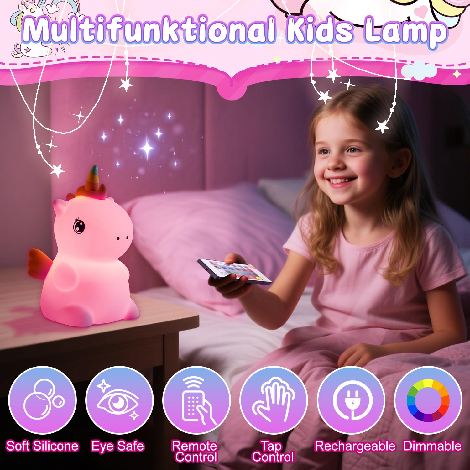 Pipihome Unicorn Gifts for Girls Night Light with 16 Colours, Dimmable Table Lamp - Image 4