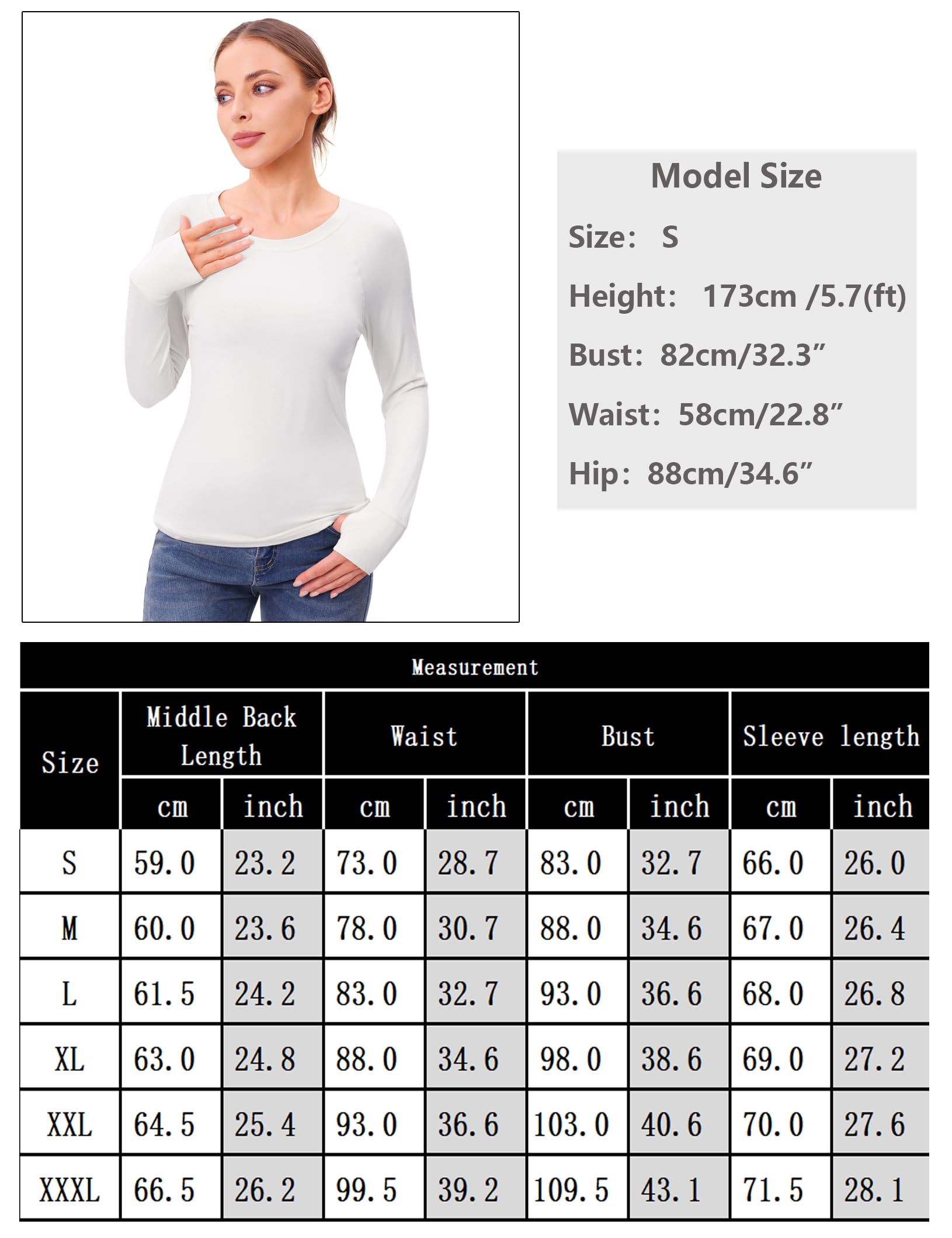 Camiseta Manga Larga Mujer Básica Túnica Cuello Redondo Slim Fit Elástica con Orificios para los Pulgares