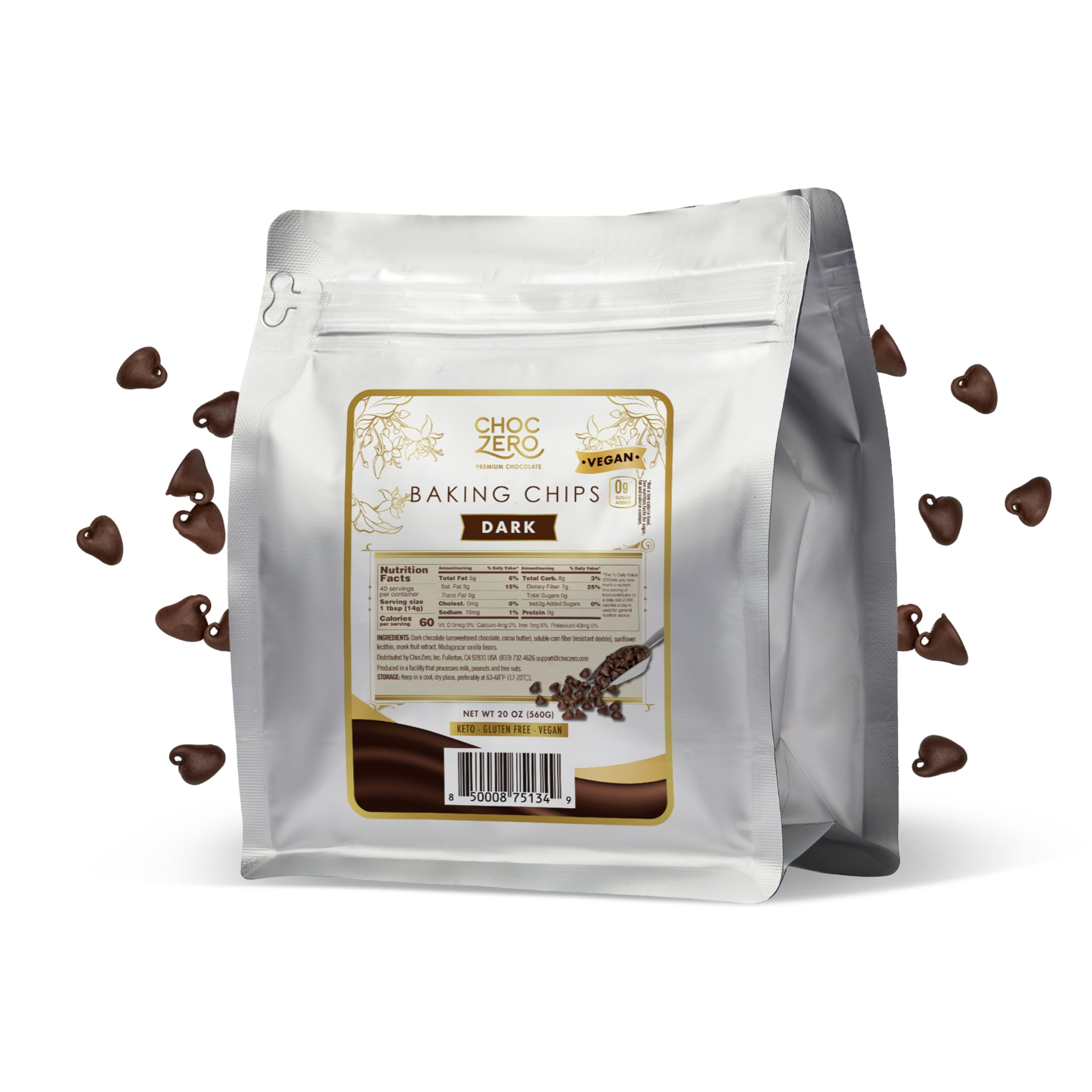 ChocZeroDark Chocolate Chips, Sugar Free, Vegan, Keto & Low Carb, Gluten Free, No Sugar Alcohols, 20 oz Bag for Baking & Desserts