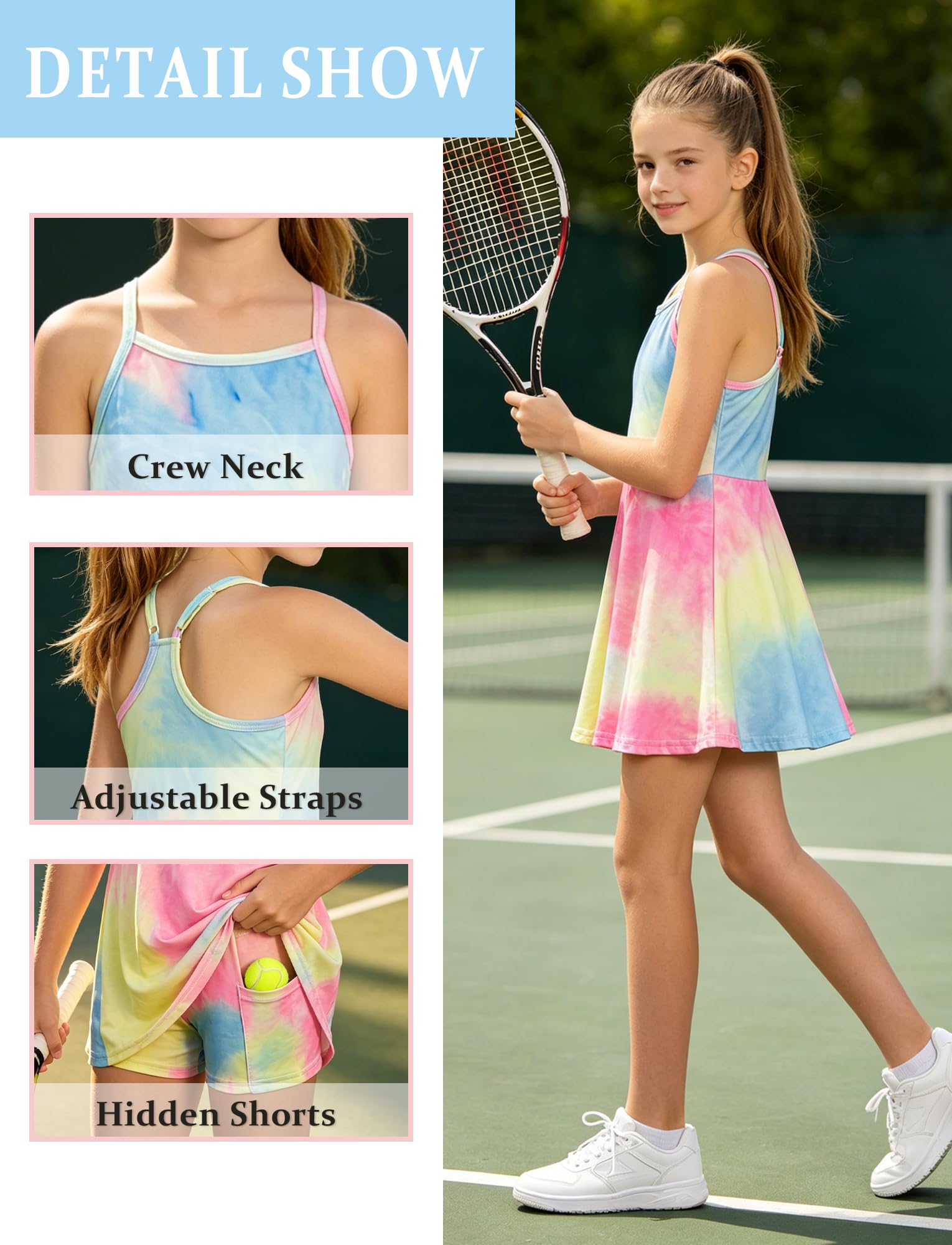 Mädchen Tenniskleid Kinder Ärmellos Sportkleid + Shorts Golf Tennis Sport Kleidung Set Training Bekleidung Sportsanzug Jogging Workout Tie Dye Kleid