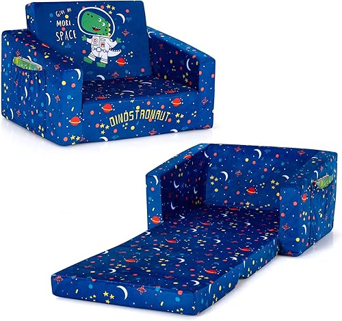 Miniatura 26 de Costzon Sofá para niños, sofá infantil abierto 2 en 1 con tela de terciopelo, bolsillos de almacenamiento, reposabrazos para niños pequeños, cama