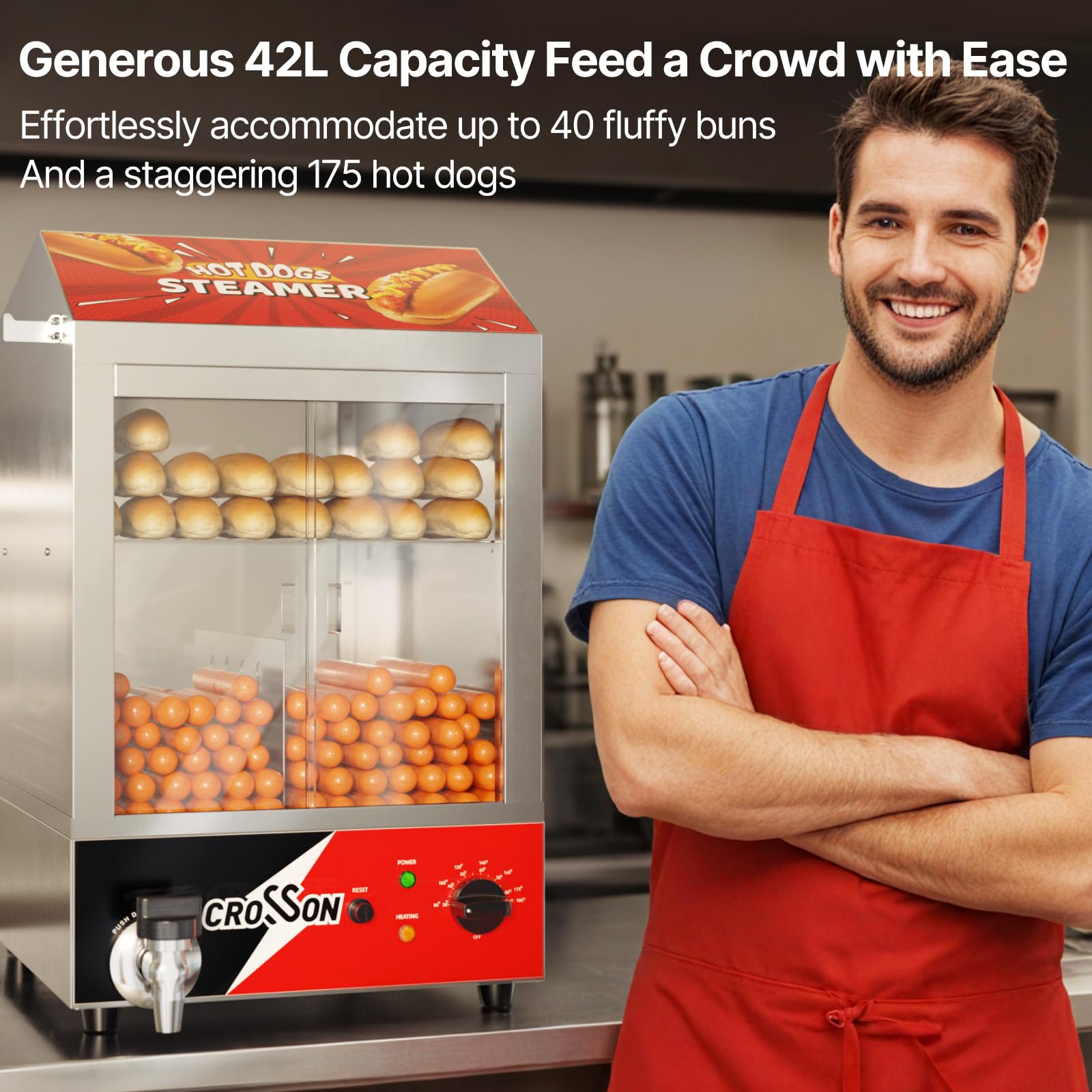 CROSSON 42L Hot Dog Steamer, 2-Tier Hot Dog Hut Steamer, Electric Bun Warmer with 86?~185? Temperature Control?Tempered Glass Slide Doors Partition Plate Tong, Stainless Steel, for Hot Dogs & Buns