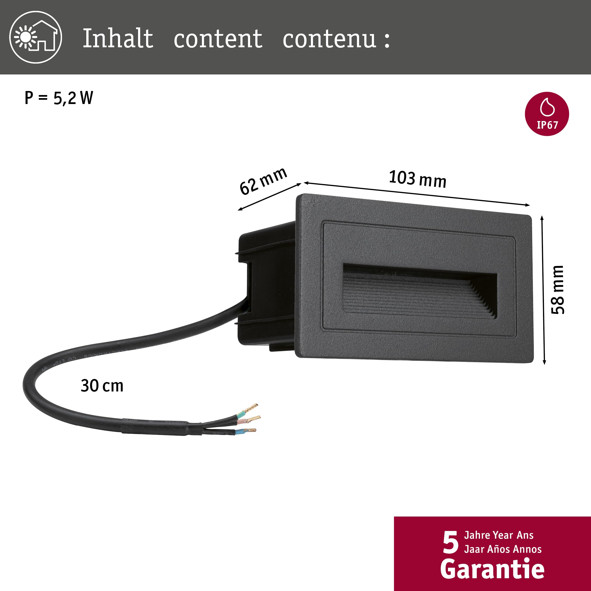 Paulmann 94383 luminaire d'extérieur LED encastré mural Long IP65 Blanc chaud 103x58 mm carré incl. 1x4 watts éclairage extérieur Noir lampe d'extérieur aluminium lampe de jardin 3000 K