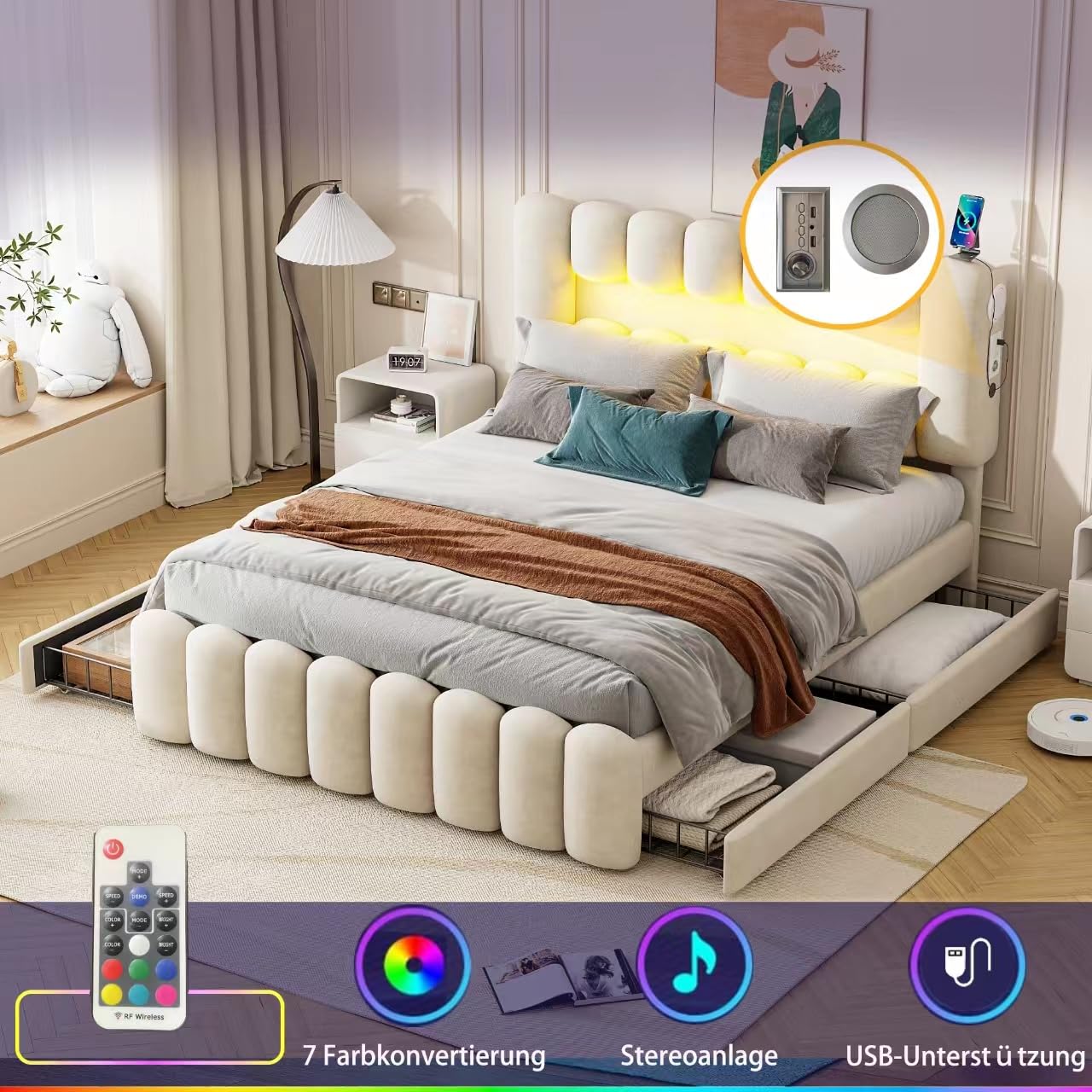 Lit double rembourré avec 4 tiroirs - Avec chaîne stéréo USB LED