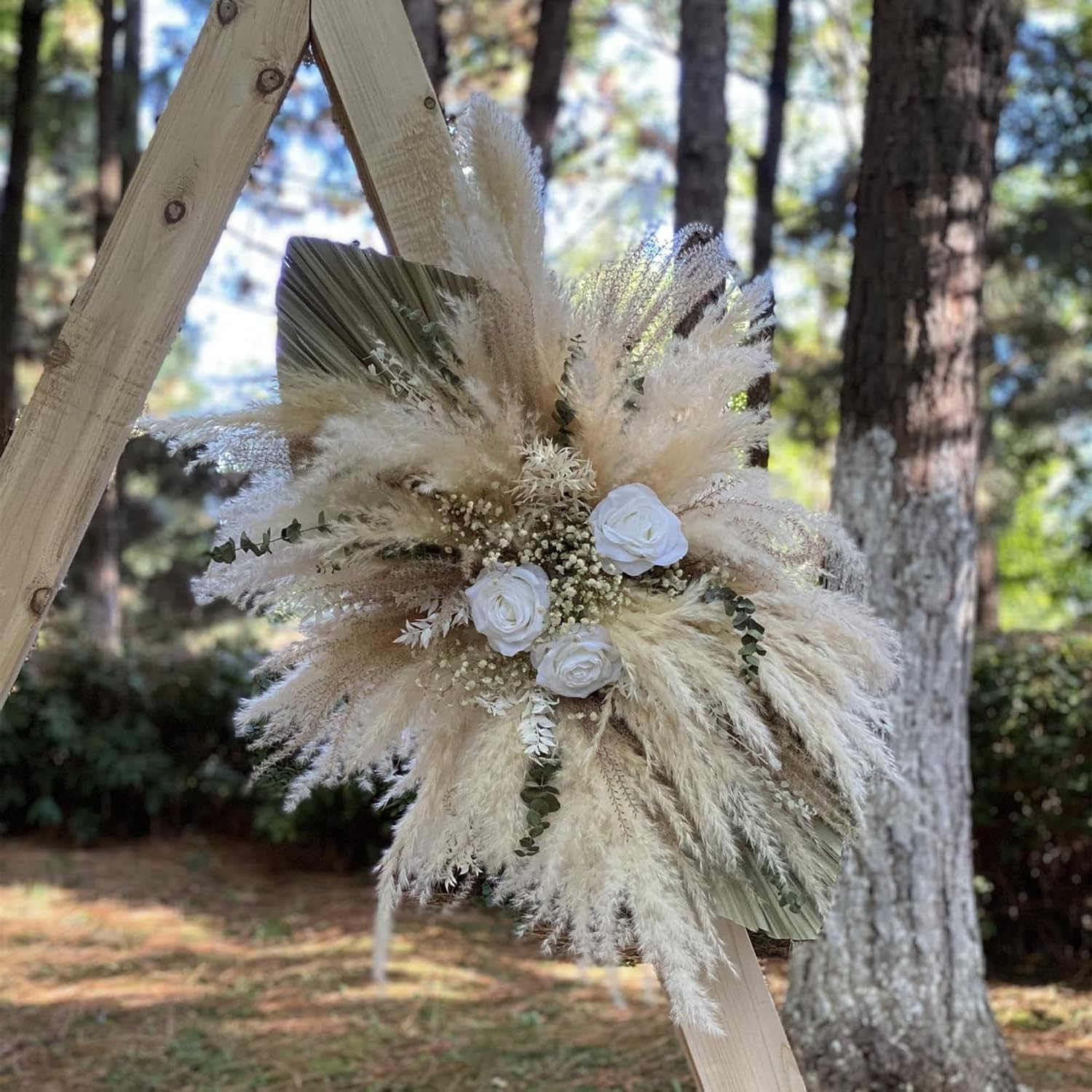 Décoration murale bohème à suspendre à l'herbe de la pampa et fleurs séchées – Arrangement floral naturel rustique pour arches de mariage, murs de ferme et décoration d'intérieur (Bohc bois)