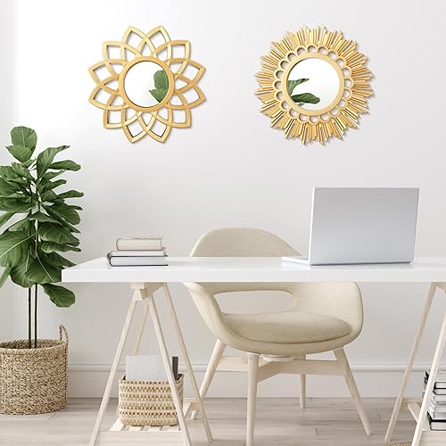 Miniatura 4 de Dandat Juego de 4 espejos dorados para decoración de pared, pequeños círculos de flores, espejos decorativos plateados para colgar en la pared,