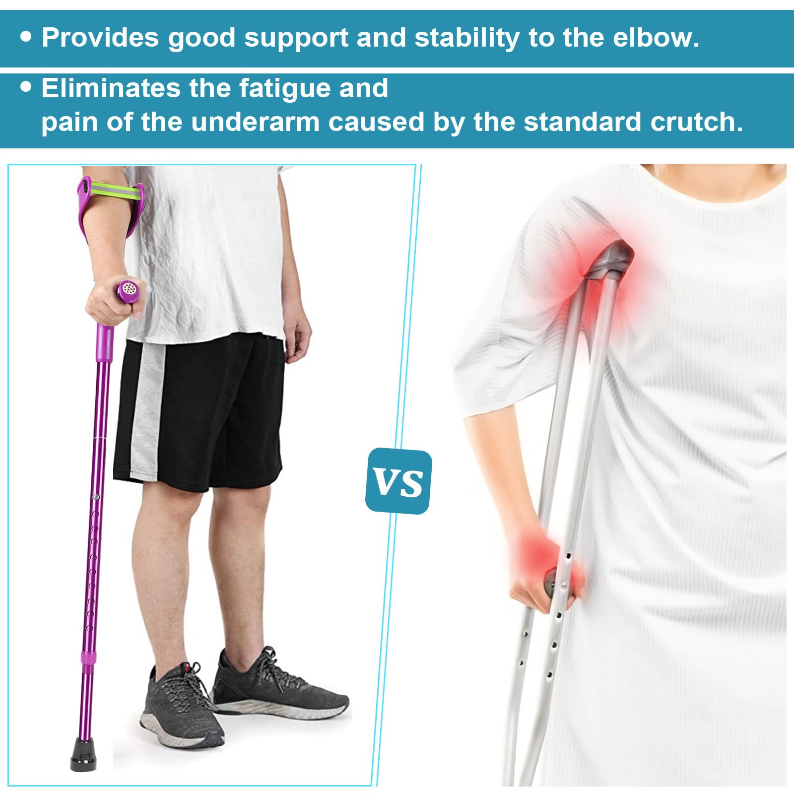 Antdvao Folding Crutch (x1 Unit) Forearm Crutches Anti-Drop Cuff Reduces The Hassle of Picking Up Forearm Crutch,Comfortable Grip and Wear-Resistant, Non-Slip Forearm Crutches (Single Purple)