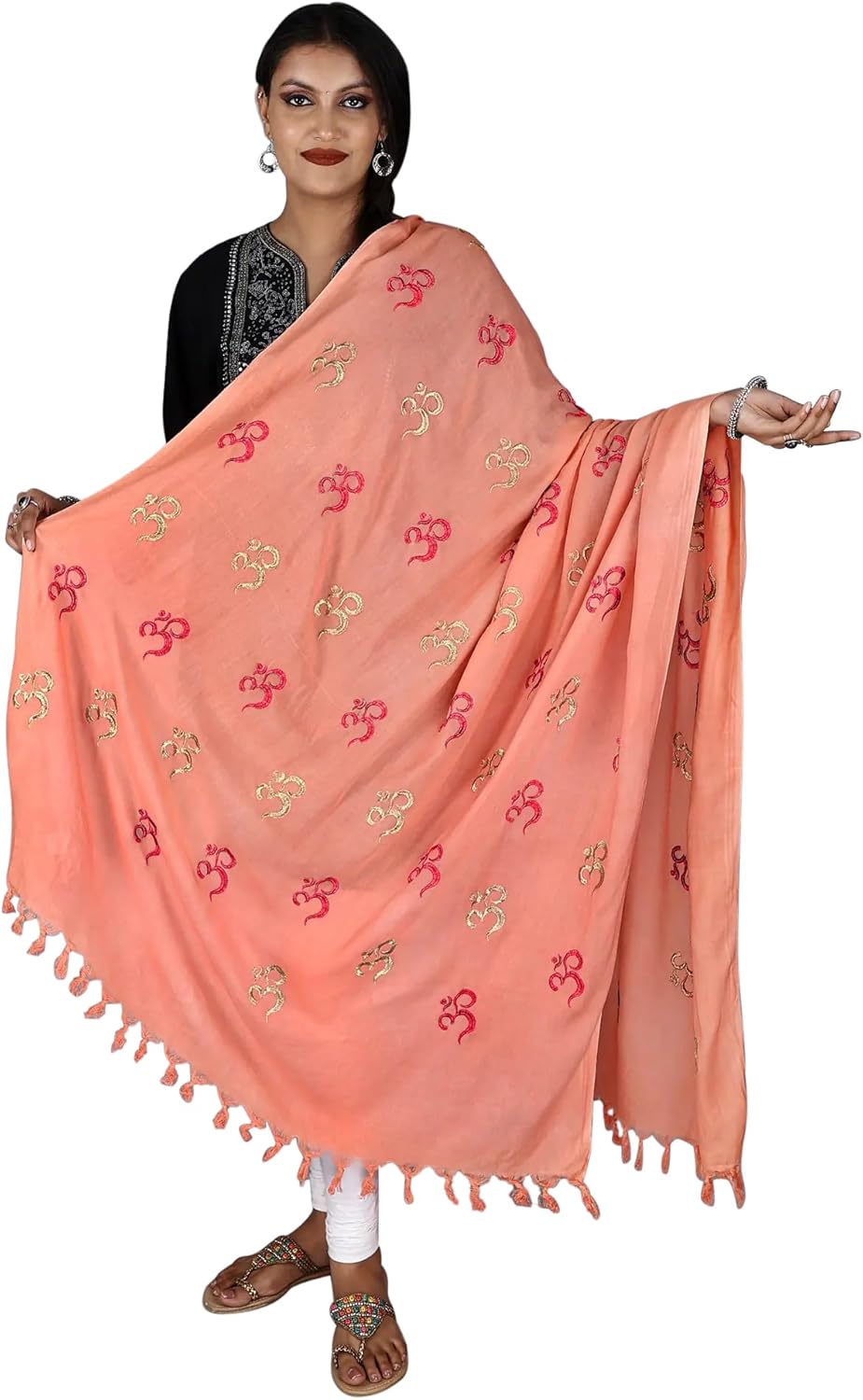 Exotic India Prayer Shawl with Zari and Thread Embroidered Dual Color Om Motif - Viscose Cotton
