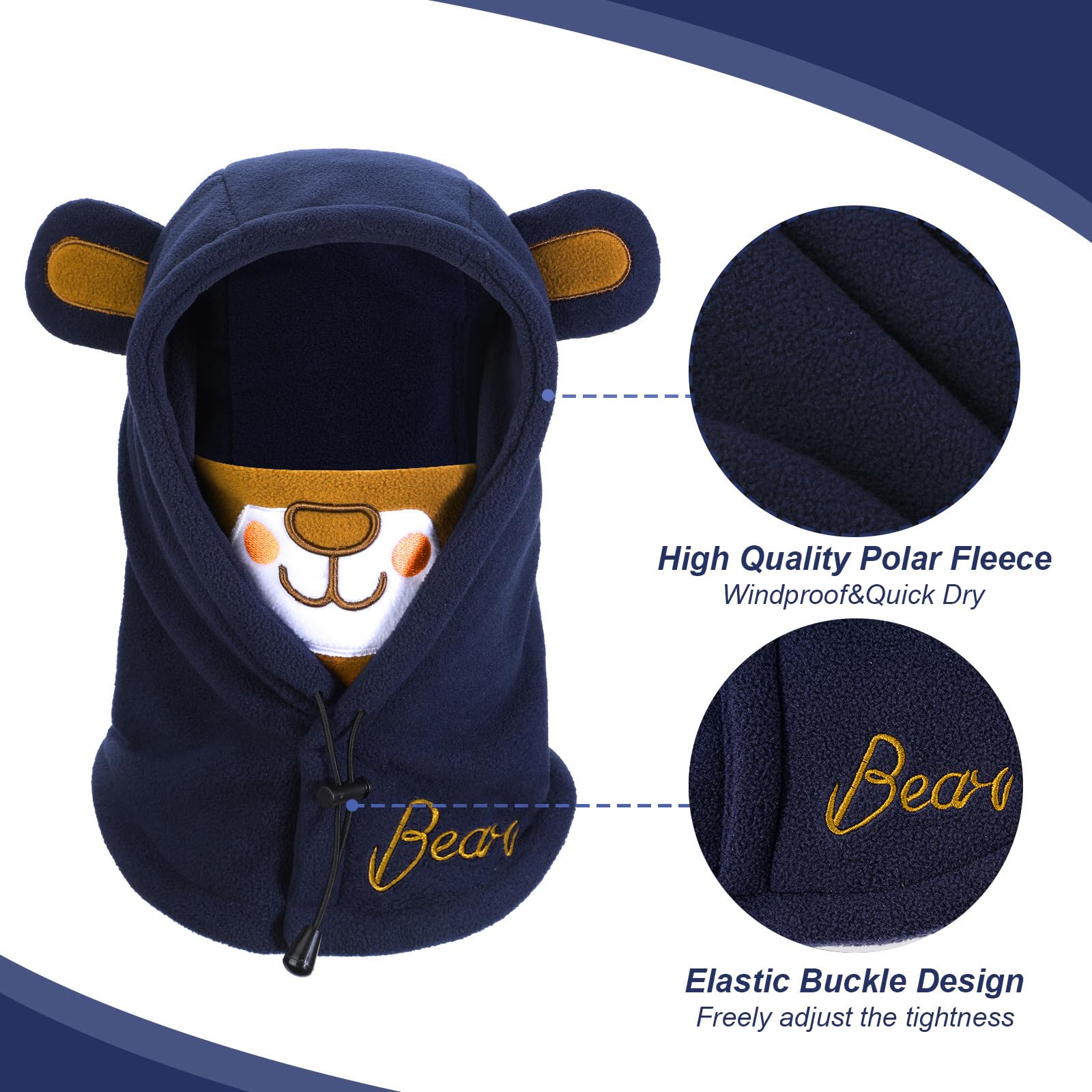 PHOGARY Schalmütze Schlupfmütze Kinder, Polar Fleece Wintermütze Jungen Niedliches Bärendesign, Balaclava Gesichtsmaske, Sturmhaube Kinder Kapuzenschal 47cm-52cm Verstellbar (2-5 Jahre)