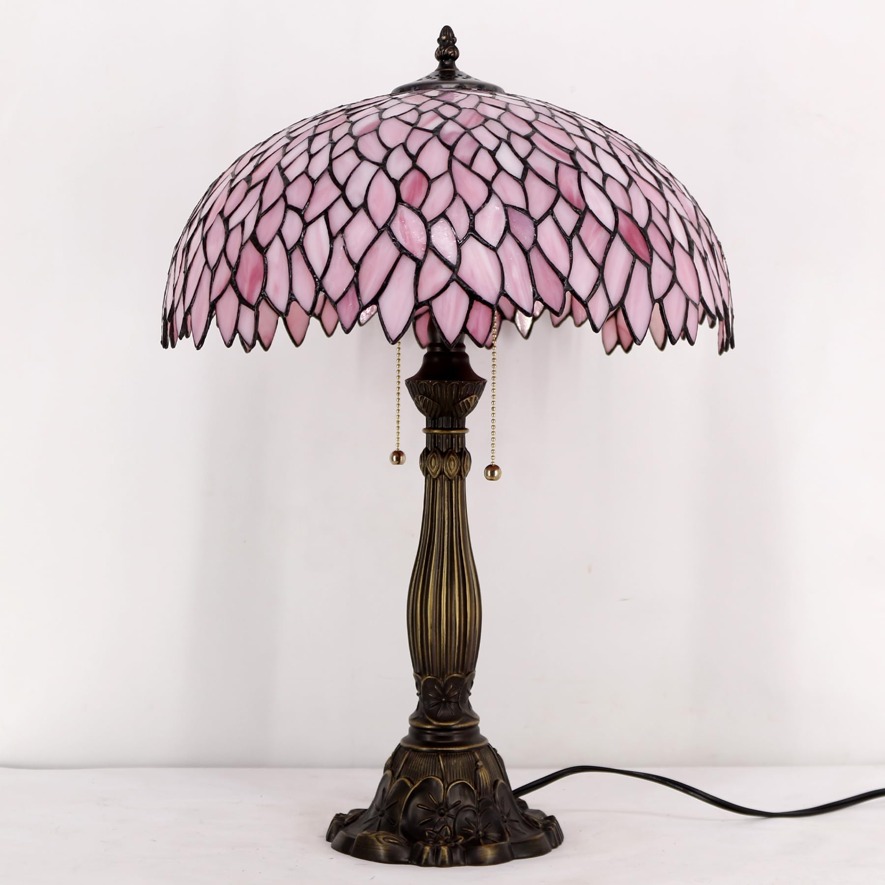 WERFACTORY Tiffany Lamp Stained Glass Style Bedside Table Lamp Pink Wisteria Desk Reading Light Resin Base 16X16X24 Inches — view 4